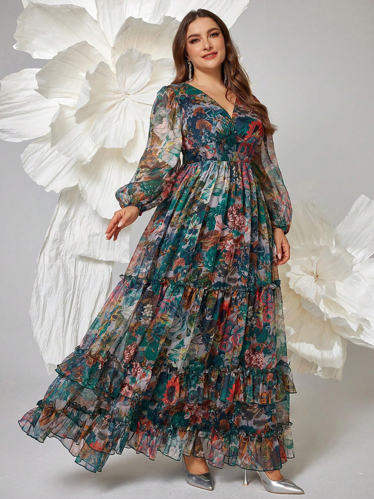 Spring Summer 2024 Plus Size Womens Dresses V Neck Casual Elegant Long Sleeve Floral Print Maxi Dress