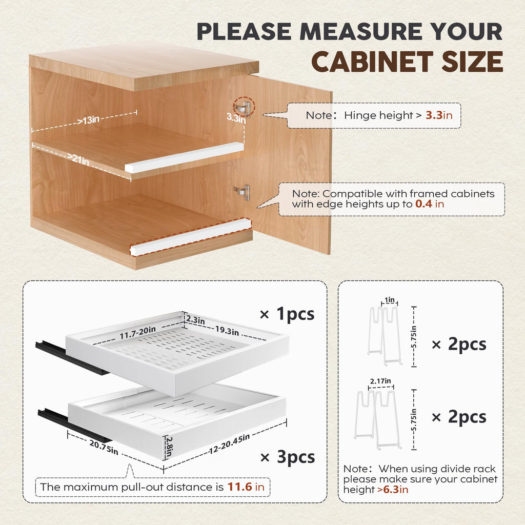 Seinloes 4 Pack Pull Out Cabinet Organizers 21" Deep With Raising Pad for Framed Cabinets, Expandable Width (15.2"-26.3") Slide Out Drawers Upgrade 3 Slide Rails, Roll Out Shelves Adhesive, Black