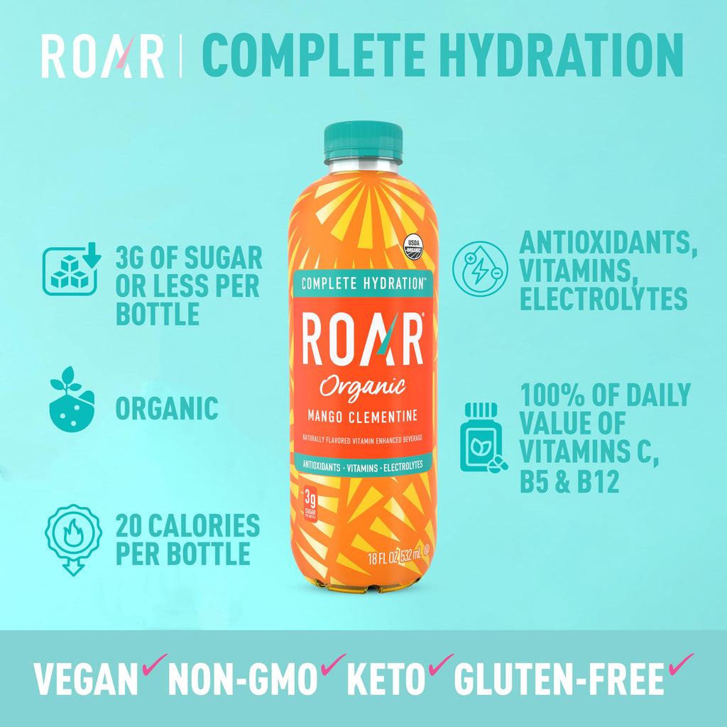 ROAR Complete Hydration Organic - Electrolyte Drinks Loaded with Vitamins C, B5, B12 - Non-GMO, Gluten-Free - Strawberry Lemonade - 12 pc