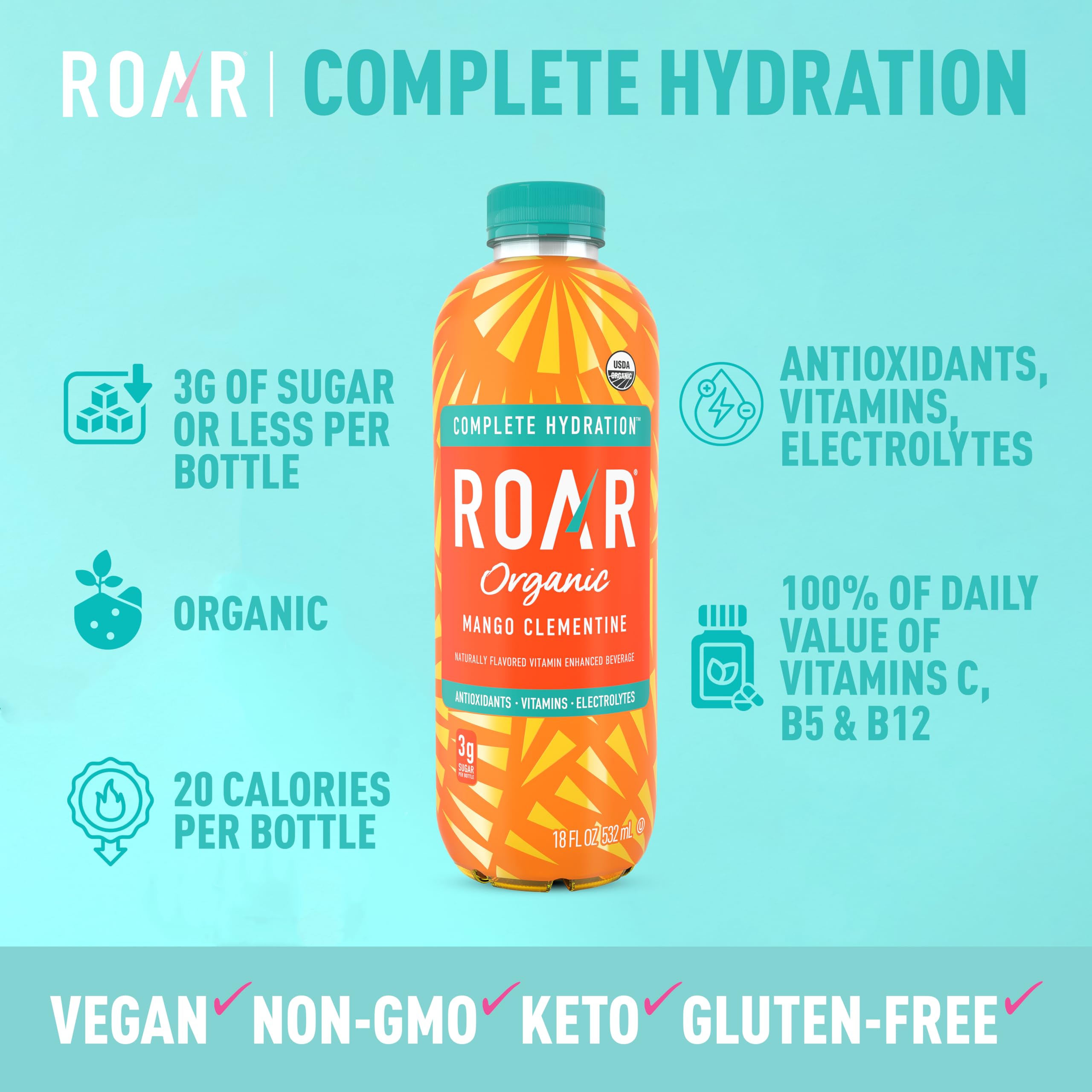ROAR Complete Hydration Organic - Electrolyte Drinks Loaded with Vitamins C, B5, B12 - Non-GMO, Gluten-Free - Strawberry Lemonade - 12 pc