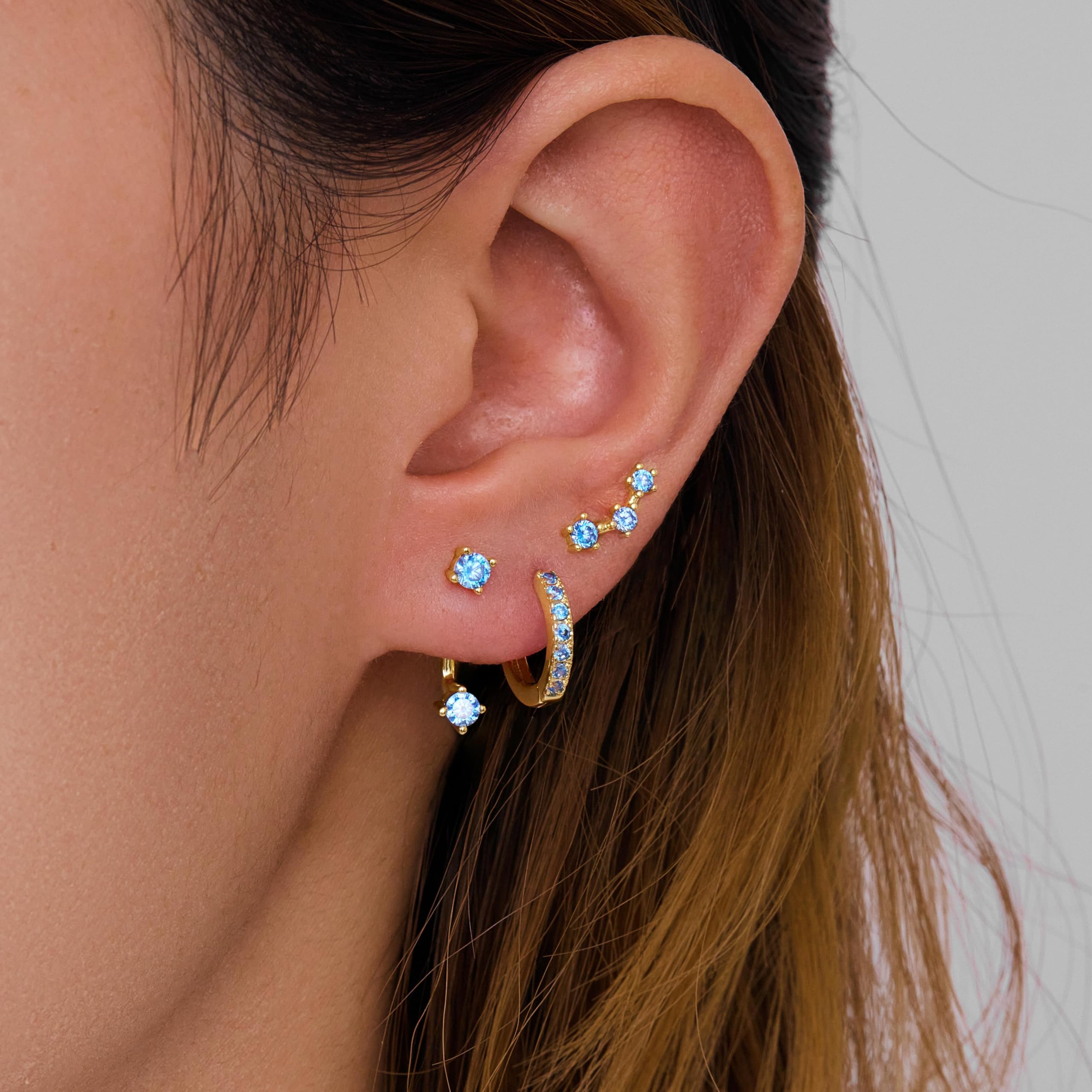 3 Pairs Dainty Small Earrings Set for Women Trendy, Birthstone Stud Huggie Hoop Jacket Stack for Cartilage Helix, Gold Plated Hypoallergenic Cute Women Fashion Accessories Western Jewelry Gifts