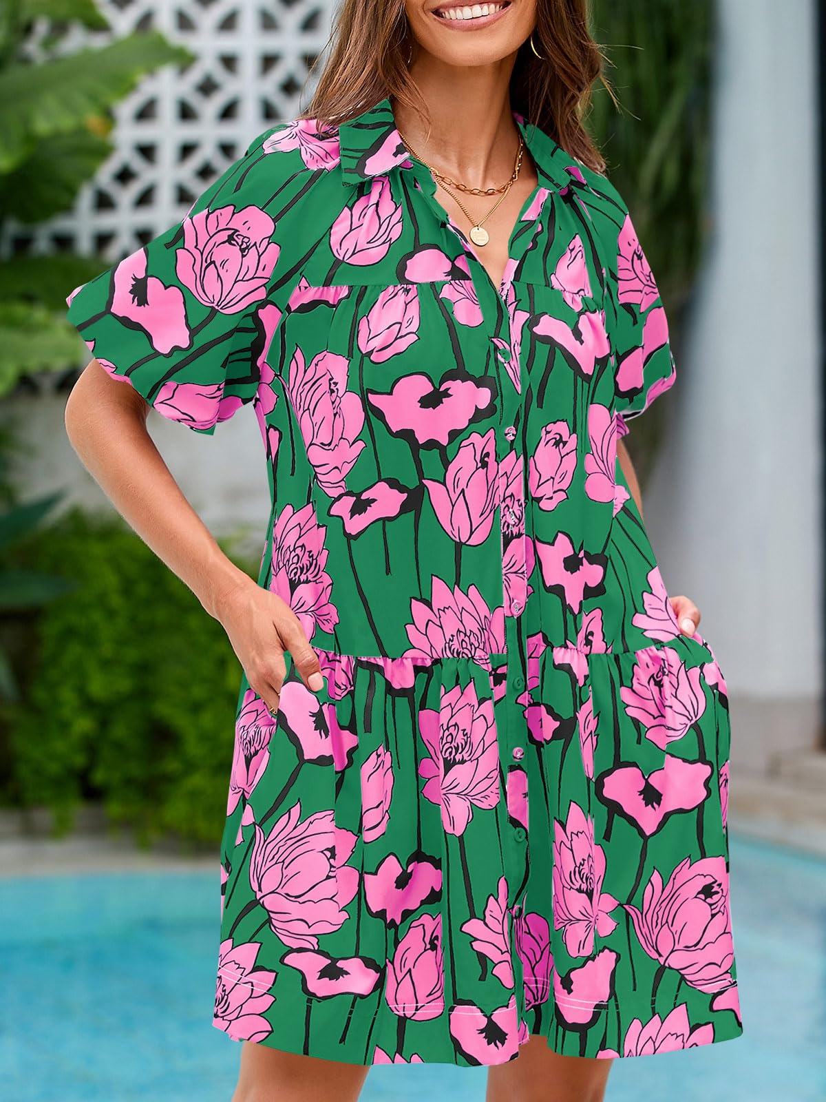 Wenrine Women's Summer Button Down Shirt Dress Floral Puff Short Sleeve Casual Loose Fit Beach Mini Dresses