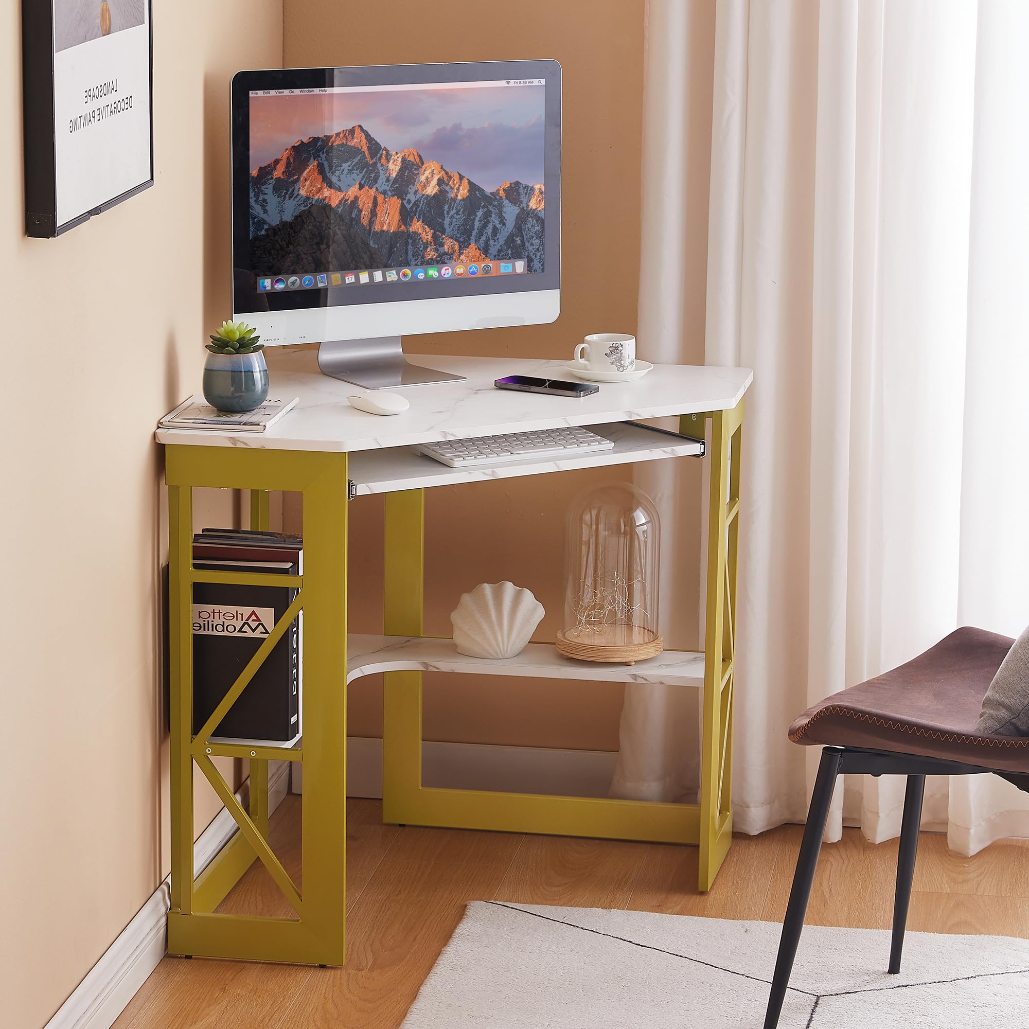 VECELO Corner Desk Computer Desk Writing Table with Smooth Keyboard Tray & Storage Shelves,Compact Home Office Triangle Table,Antique Brown