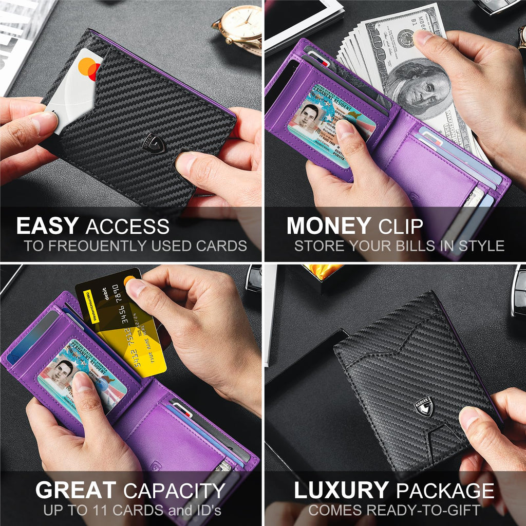 GSOIAX Slim Wallet for Men Rfid Blocking Leather Bifold Front Pocket Carbon Fiber Men's Money Clips Credit Card Holder With Gift Box