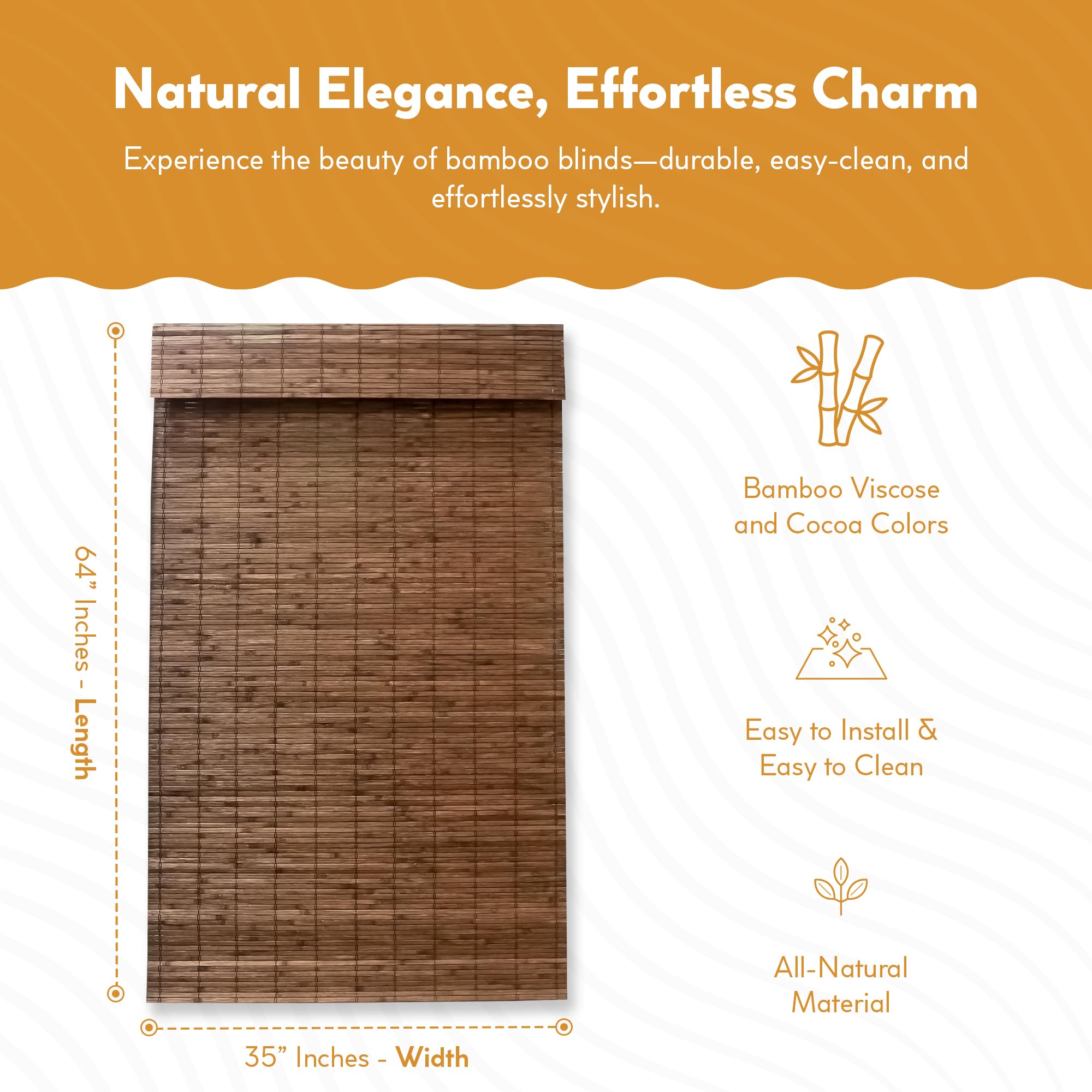 Radiance Cordless Bamboo Roman Shades for Windows - Flatstick Bamboo Blinds for Semi-Private Light Control - Easy to Lift & Fold Up Window Shades - Cocoa - 23 in. W x 64 in. L - (2216300E)