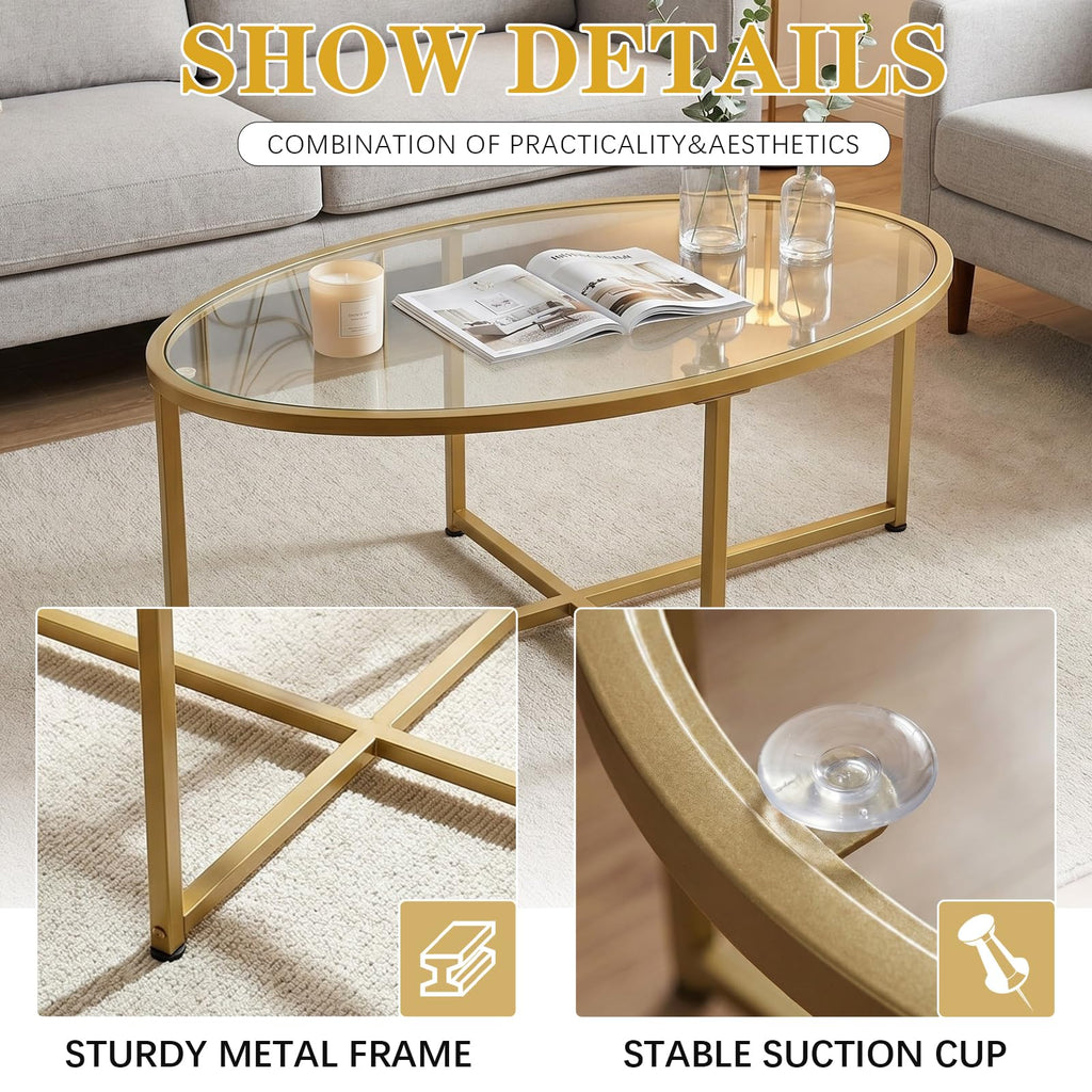 Wolawu Coffee Table Gold Oval Glass Coffee Tables for Living Room,Modern Gold Metal Frame Tea Tables for Small Space, Tempered Glass Top Center Table with Stable Cross Base for Bedroom, Office,Balcony