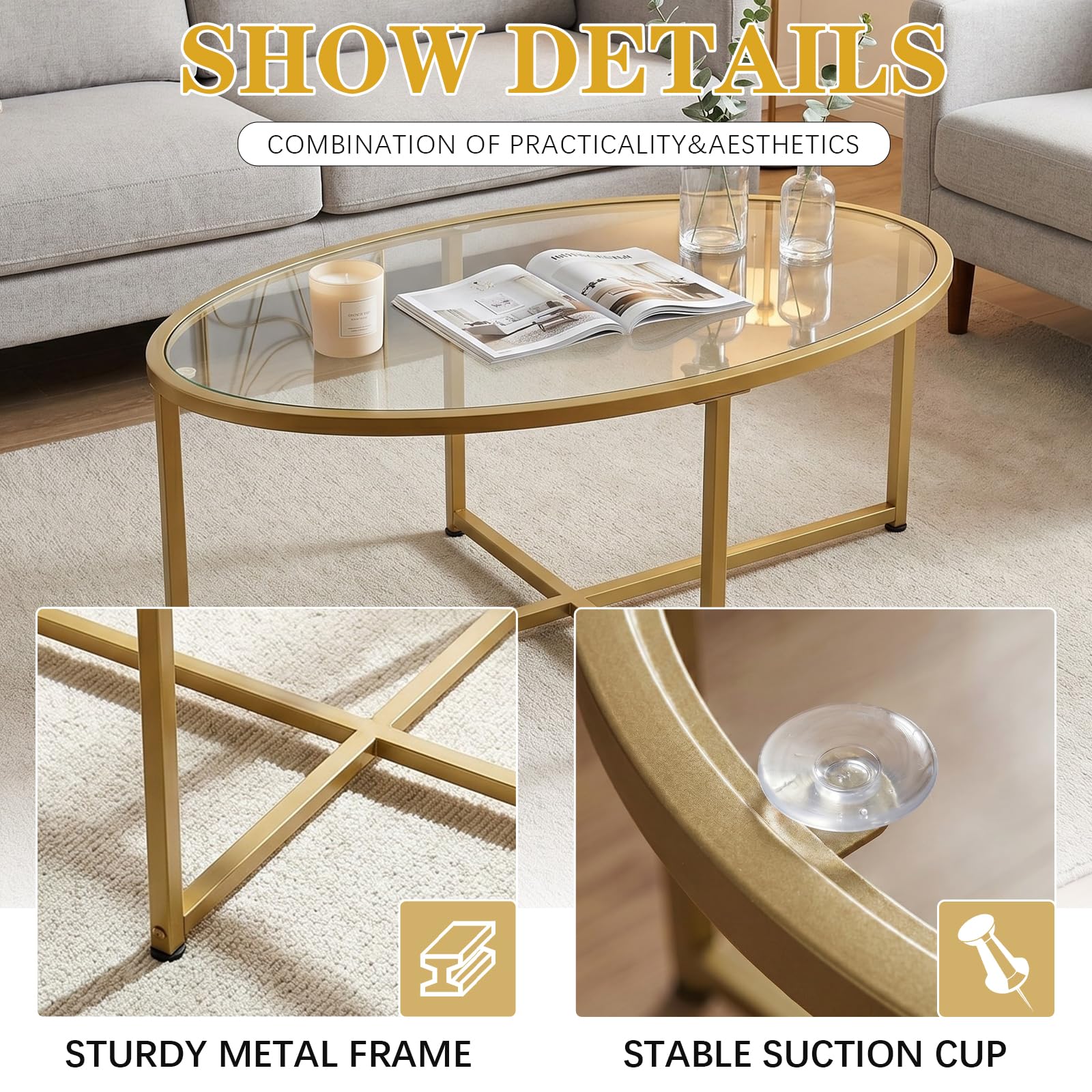 Wolawu Coffee Table Gold Oval Glass Coffee Tables for Living Room,Modern Gold Metal Frame Tea Tables for Small Space, Tempered Glass Top Center Table with Stable Cross Base for Bedroom, Office,Balcony