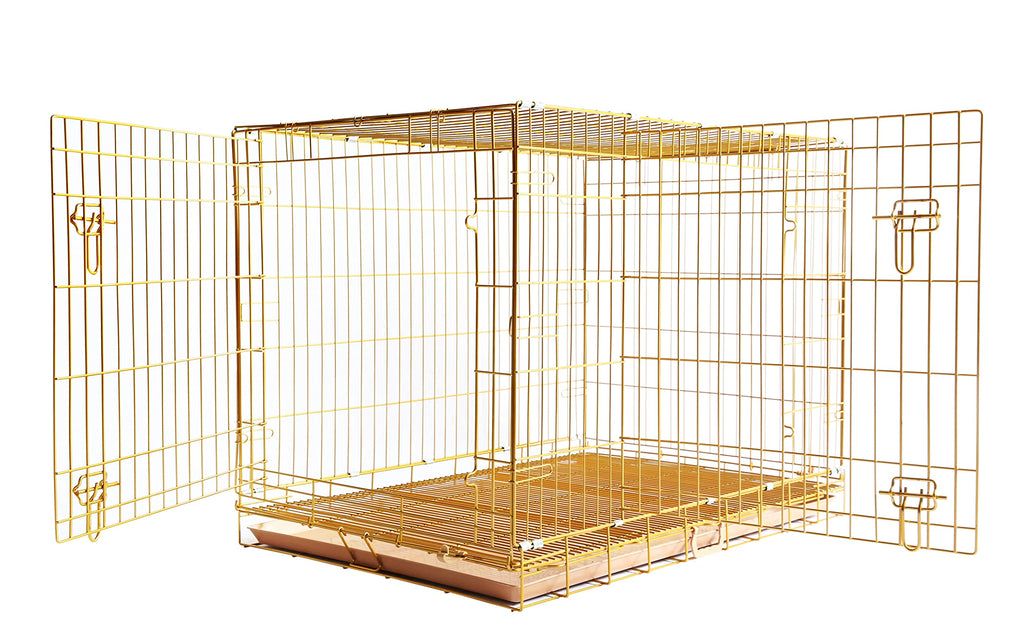 HOMEY PET 24" Gold Color Folding Design Dog Crate Puppy Ertra Small Breed Dog Kennels with Removable Floor Grid and Pull Out Tray, Dog Cage Copper Gold Finish