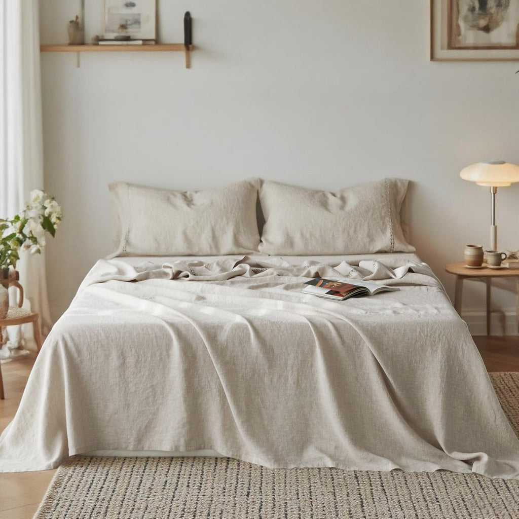 Simple&Opulence 100% Pure Linen Sheet Set Twin Size, Natural French Flax Solid Color 3 Pcs Washed Breathable, Farmhouse Bedding (1 Flat Sheet,1 Fitted Sheet,1 Pillowcase)-Embroidery Dark Grey