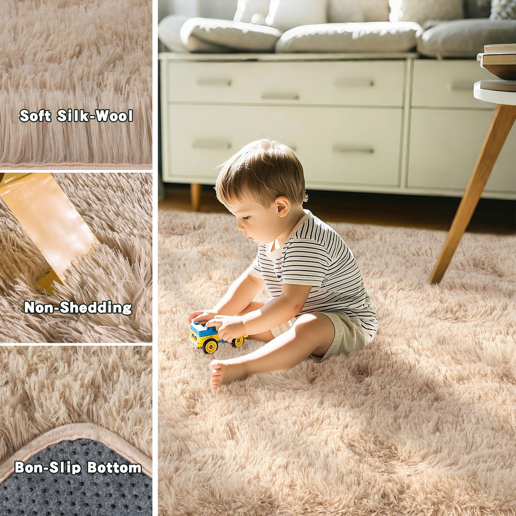 Beige Fluffy Rug for Bedroom 4x6ft - Ultra Soft & Non Slip Shaggy Area Rug, Comfy Durable Carpet for Living Room Kids Room Teens Dorm Home Decor, 1.7'' Thick Indoor Plush Carpets