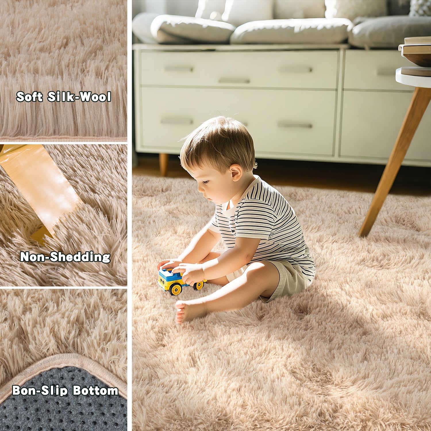 Beige Fluffy Rug for Bedroom 4x6ft - Ultra Soft & Non Slip Shaggy Area Rug, Comfy Durable Carpet for Living Room Kids Room Teens Dorm Home Decor, 1.7'' Thick Indoor Plush Carpets