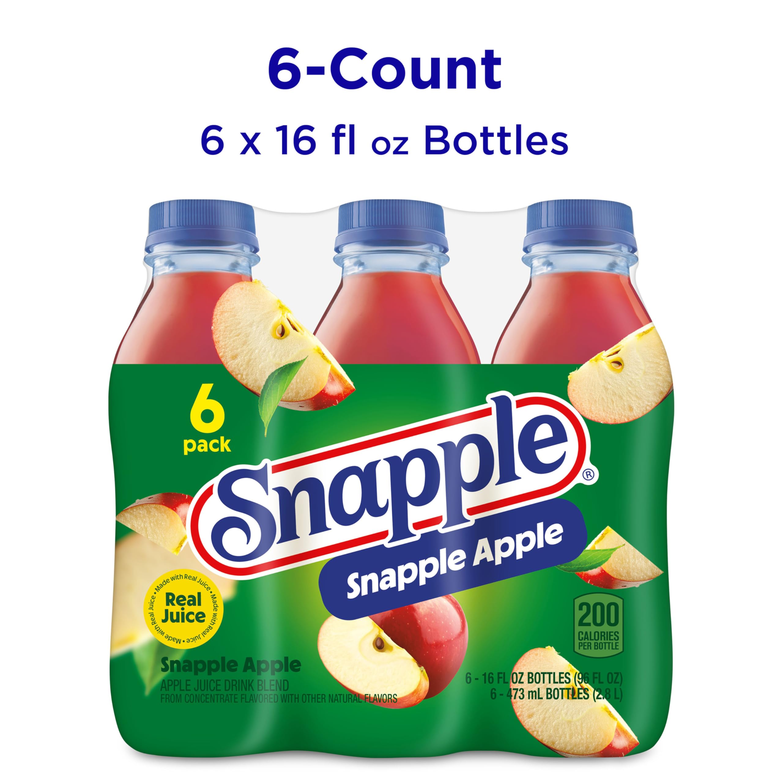 Snapple Apple Juice Drink, 16 fl oz recycled plastic bottle, 6 pack