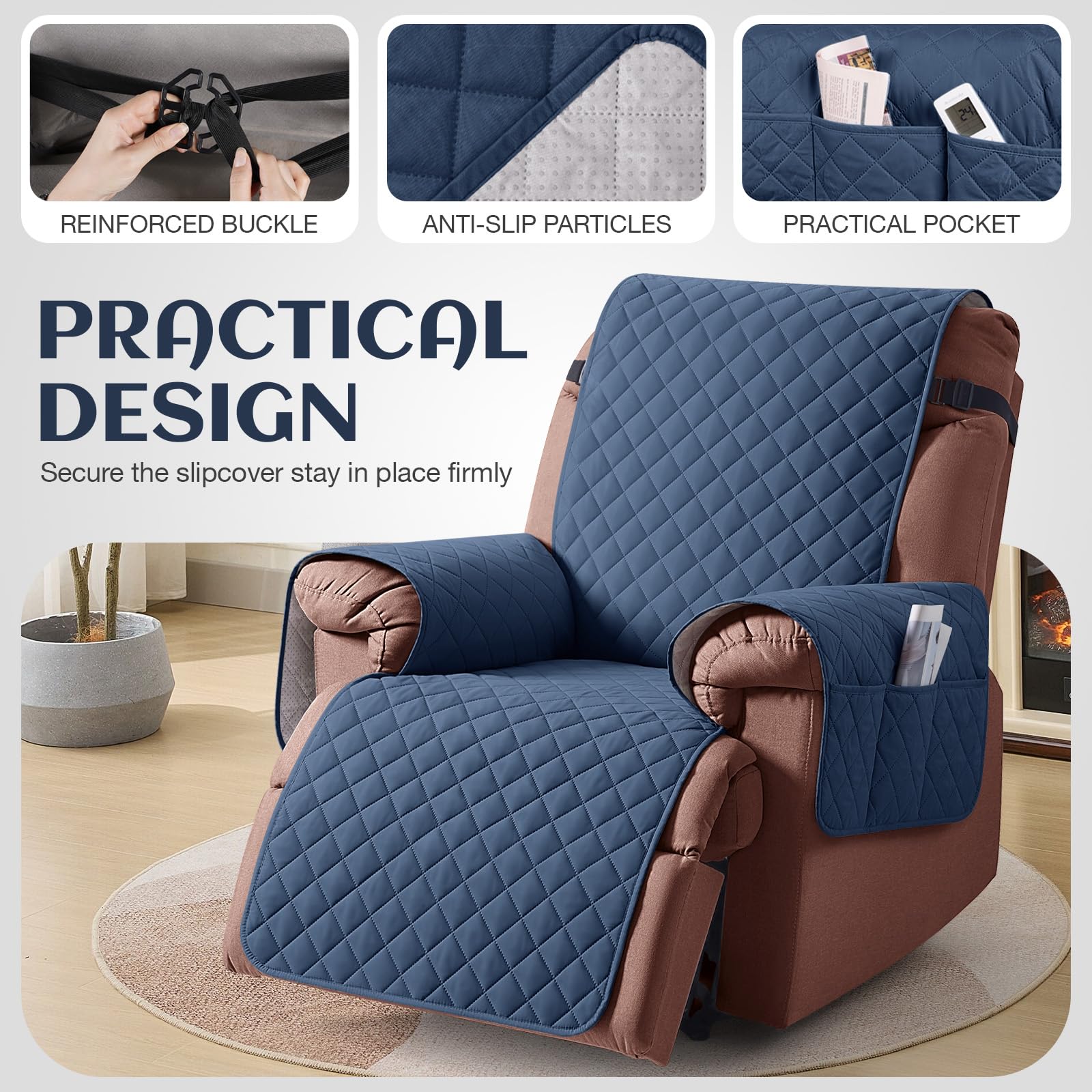 KinCam 100% Waterproof Recliner Chair Cover, Reclining Couch Covers for Pets, Dogs, Recliner Couch Slipcover Furniture Protector with Elastic Straps for Kids(23.6", Beige White)