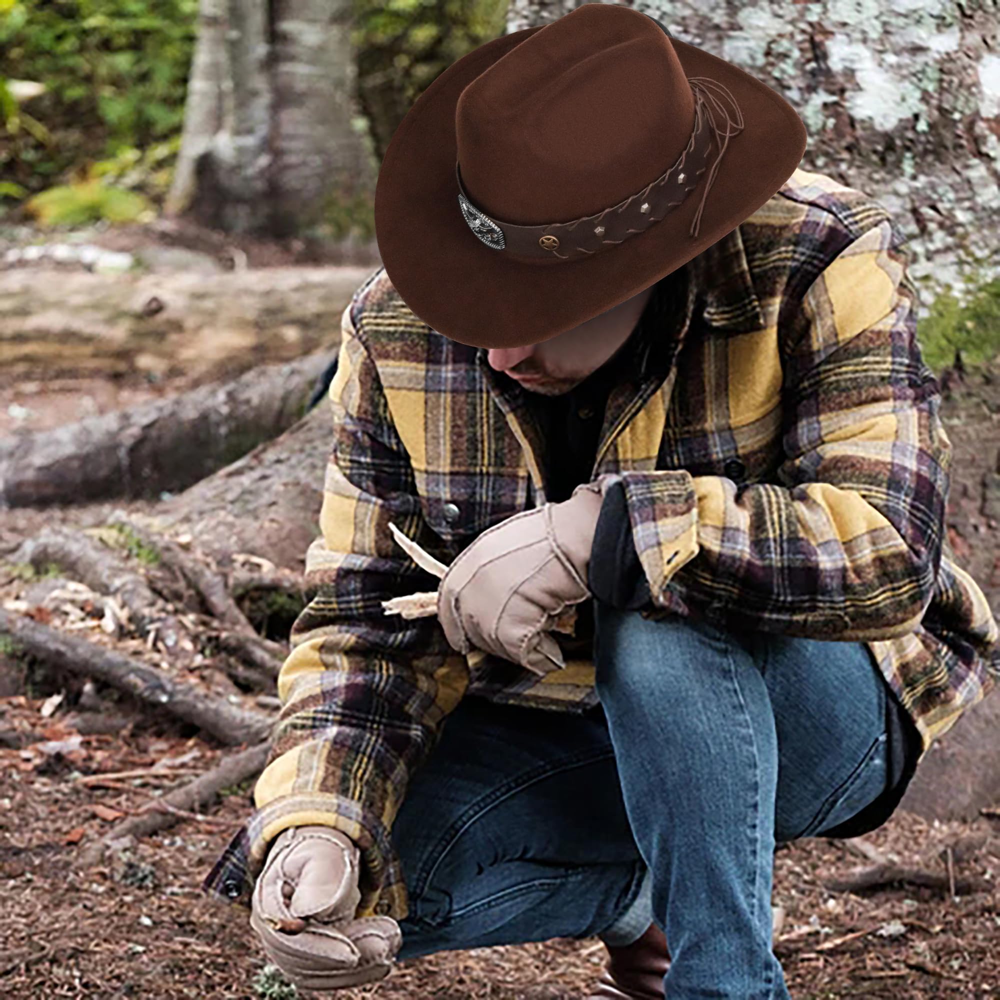 Vintage Western Cowboy Hat for Men Women - Wide Brim Cowgirl Fedora Hats with Braided Rope Band M