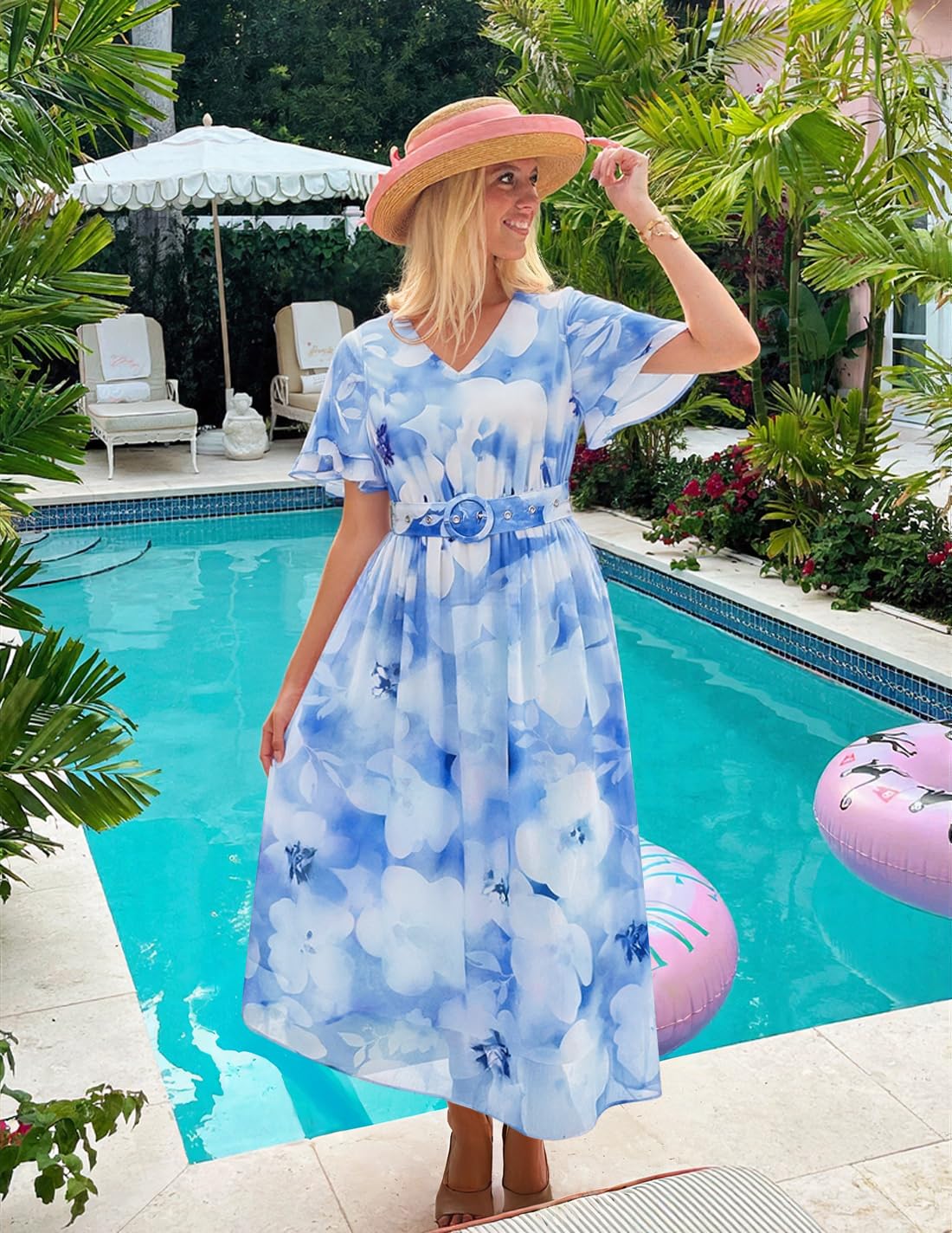 ZESICA Women's 2026 Summer Floral V Neck Midi Dress Boho Short Sleeve High Waist Flowy Beach Vacation Dresses with Belt
