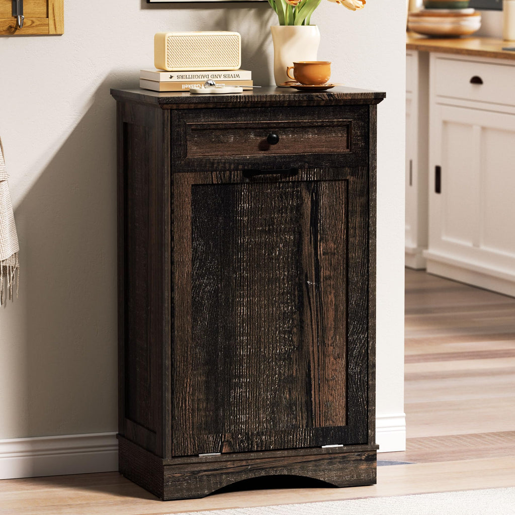 AHB Double Tilt Out Trash Can Cabinet Freestanding Kitchen Trash Can, 2x13 Gallons Hidden Garbage Recycling Cabinet with Hideaway Drawers Pet Proof Trash Can Holder for Kitchen, Antique White