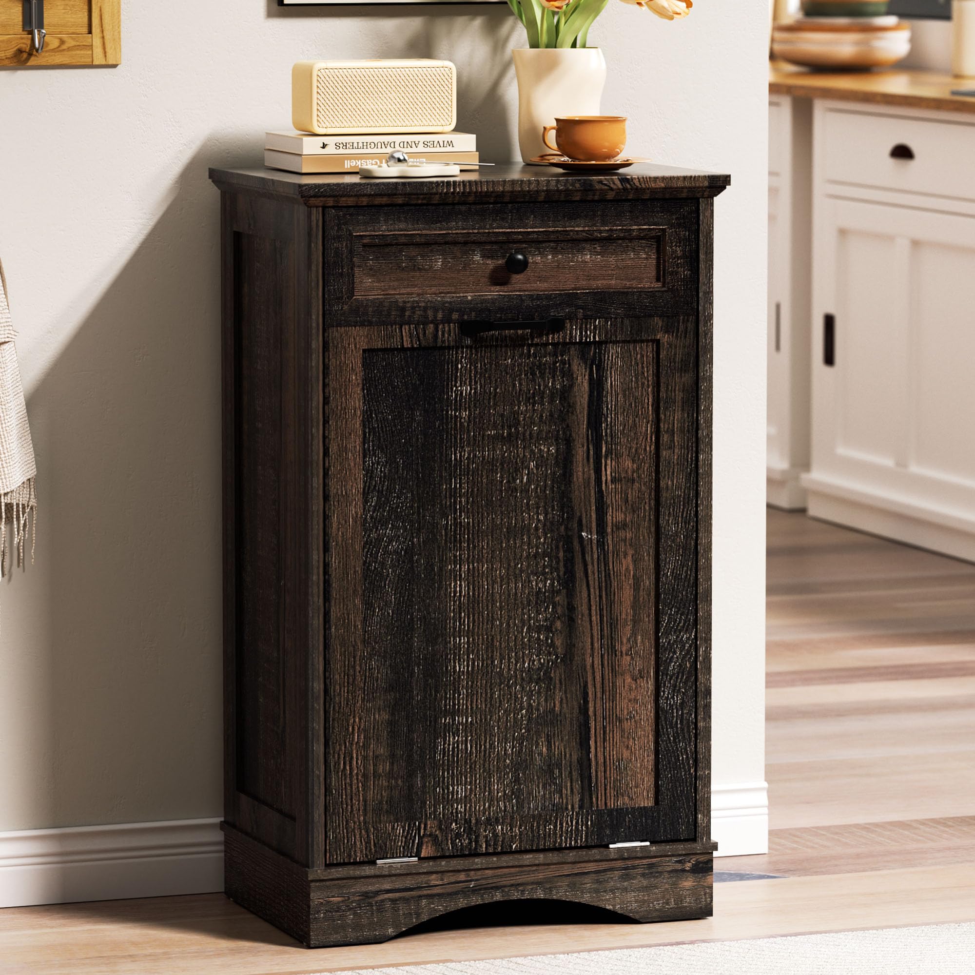 AHB Double Tilt Out Trash Can Cabinet Freestanding Kitchen Trash Can, 2x13 Gallons Hidden Garbage Recycling Cabinet with Hideaway Drawers Pet Proof Trash Can Holder for Kitchen, Antique White