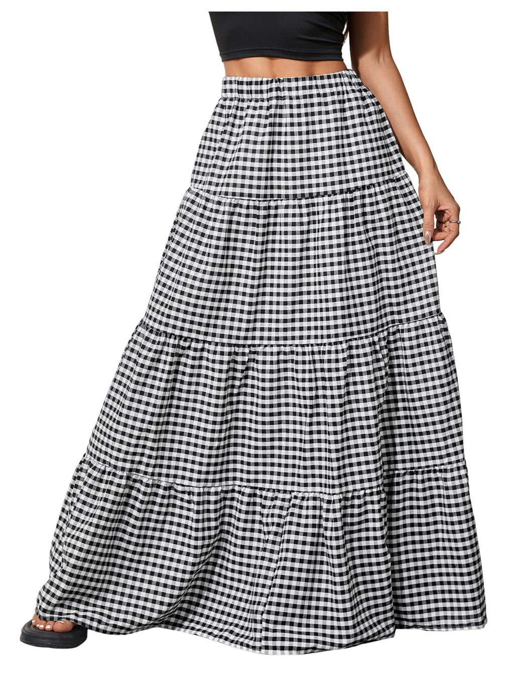MakeMeChic Women's Plaid Maxi Skirts A Line Ruffle Tiered Layer Y2K Flowy Casual Long Skirts