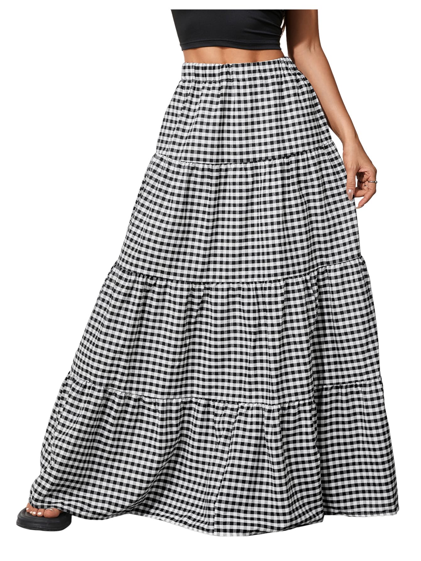 MakeMeChic Women's Plaid Maxi Skirts A Line Ruffle Tiered Layer Y2K Flowy Casual Long Skirts