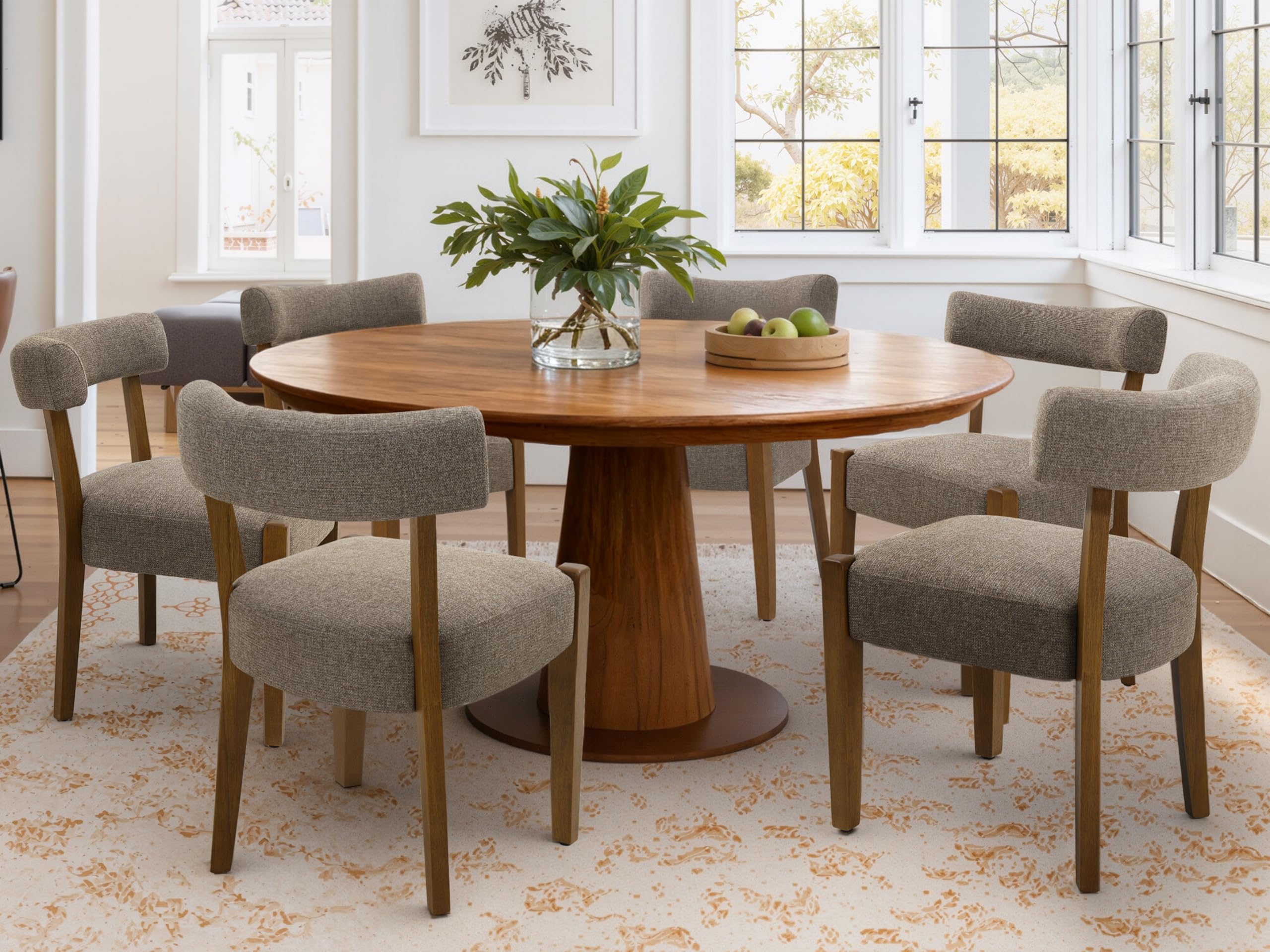 RNKSFX Upholstered Dining Chairs Set of 2, Walnut Wooden Kitchen & Dining Room Chairs, Mid Century Modern Fabric Farmhouse Dining Chairs Oversized Sturdy Rounded Chairs Curved Back, Beige Fabric