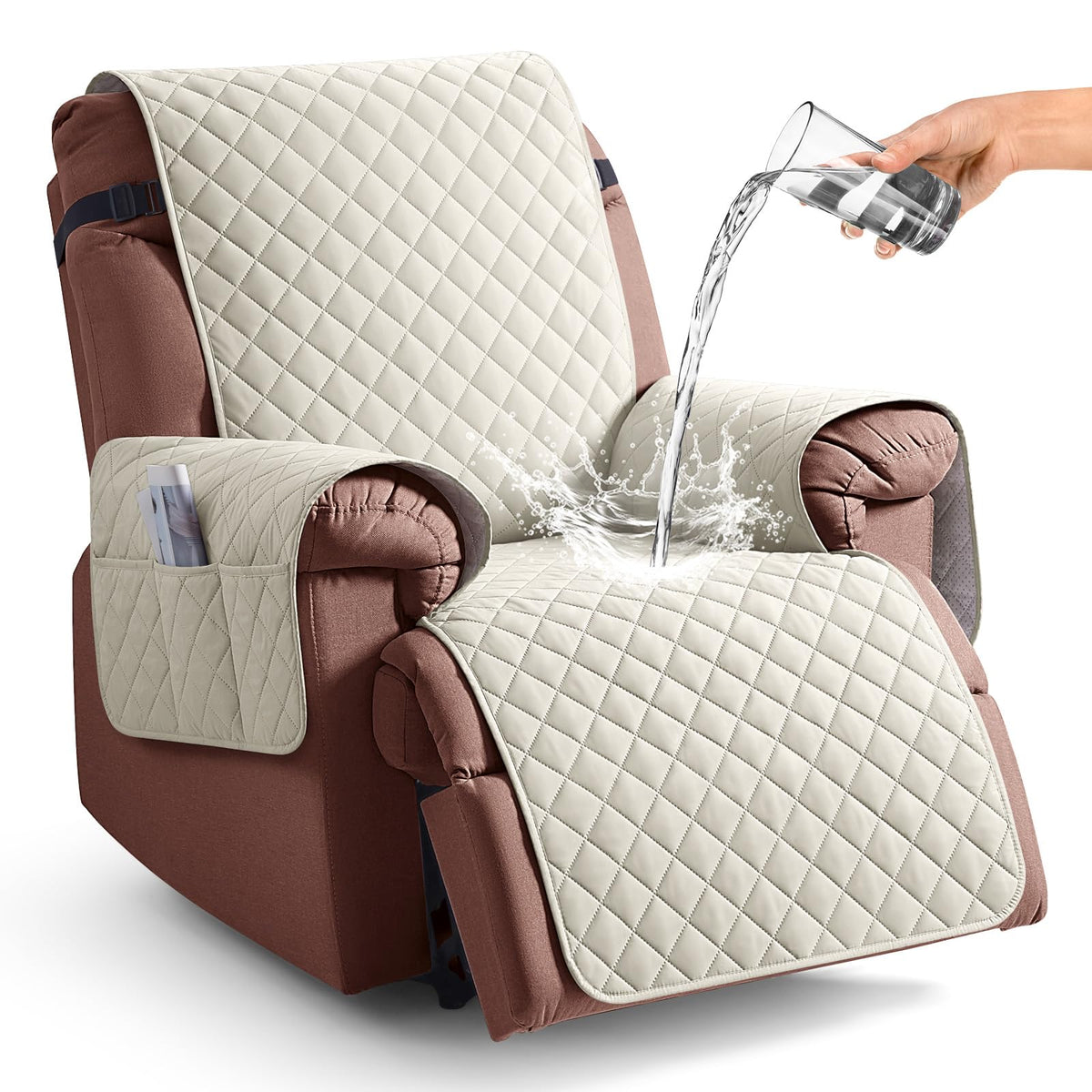 KinCam 100% Waterproof Recliner Chair Cover, Reclining Couch Covers for Pets, Dogs, Recliner Couch Slipcover Furniture Protector with Elastic Straps for Kids(23.6", Beige White)