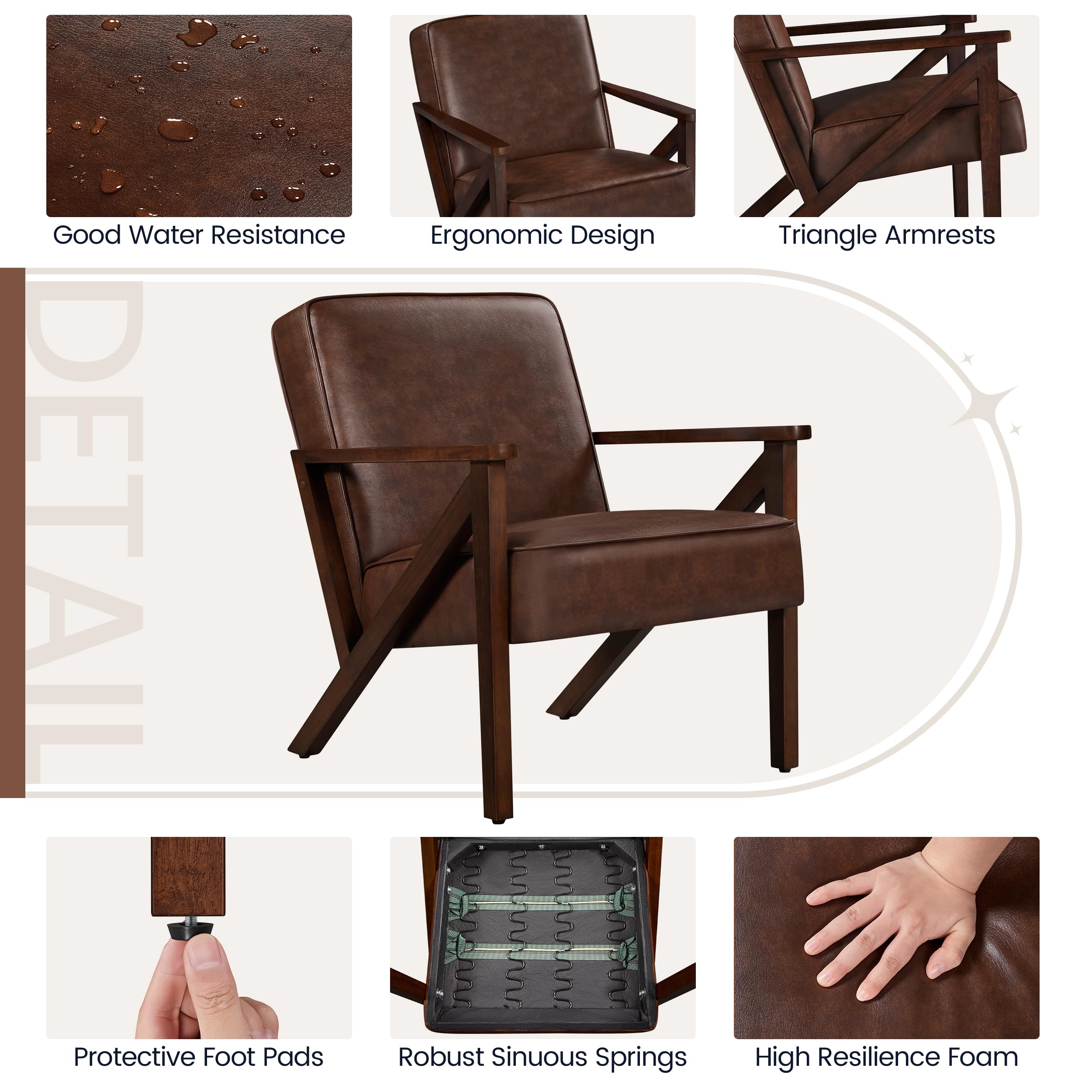 Yaheetech Accent Chair, PU Leather Reading Chair, Mid Century Modern Arm Chair with Solid Wood Frame for Living Room Bedroom Waiting Room, 2 Pieces, Black