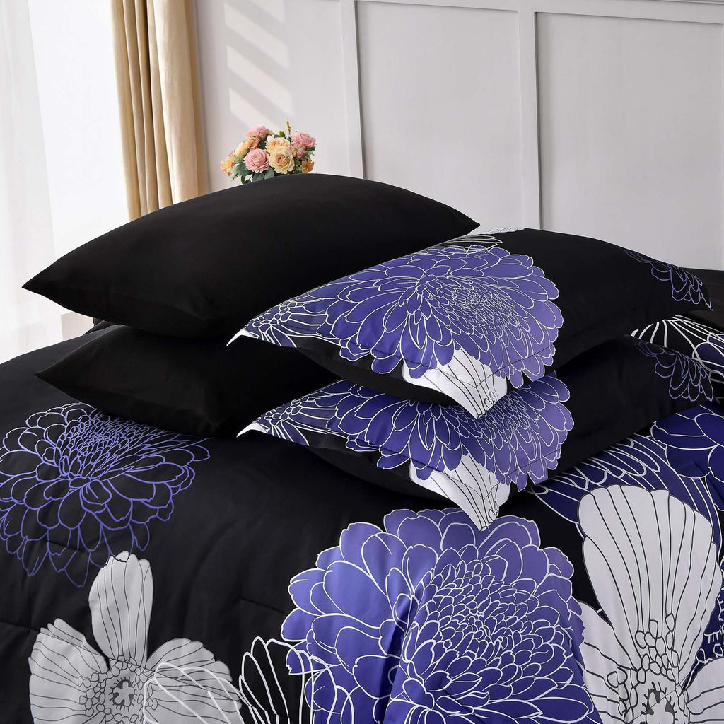 Yiran 7 Pieces Bed in a Bag Blue Floral Comforter Set Queen Size Flowers Comforter Set Soft Microfiber Bedding Set (1 Comforter 1 Flat Sheet 1 Fitted Sheet 2 Pillowshams 2 Pillowcases)