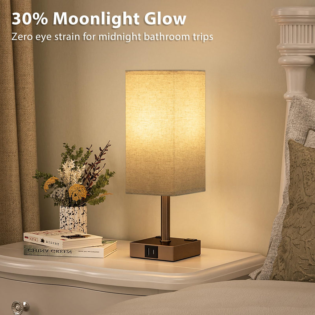 aooshine Set of 2 Touch Nightstand Lamp with USB-C+A Charge Ports& AC Outlets, 3-Way Dimmable Bedside Lamp with White Fabric Shade,Small Table Lamp for Bedroom Guest Room(Bulb Included)