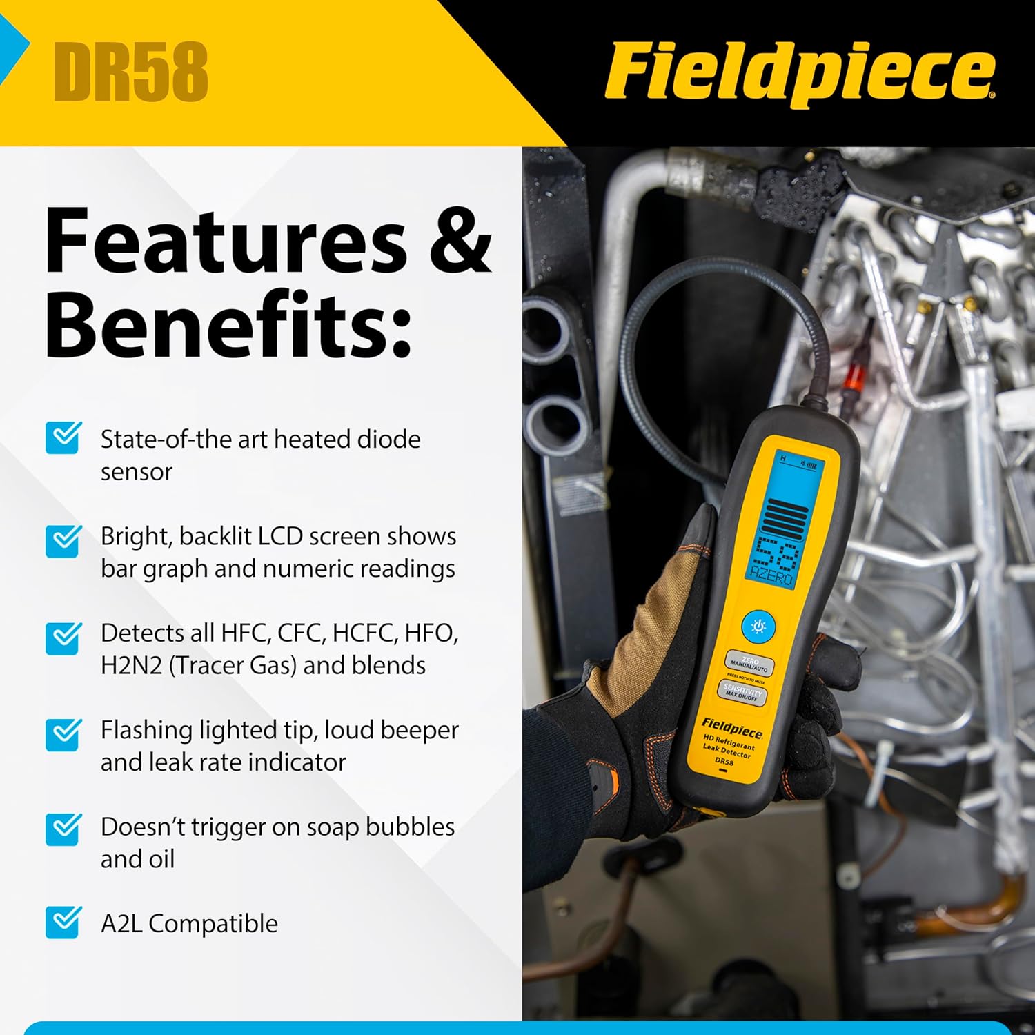 Fieldpiece - DR58 Heated Diode Refrigerant Leak Detector - Ultra-Sensitive Leak Sniffer with Large, Backlite LCD Screen - Lightweight HVAC Tool