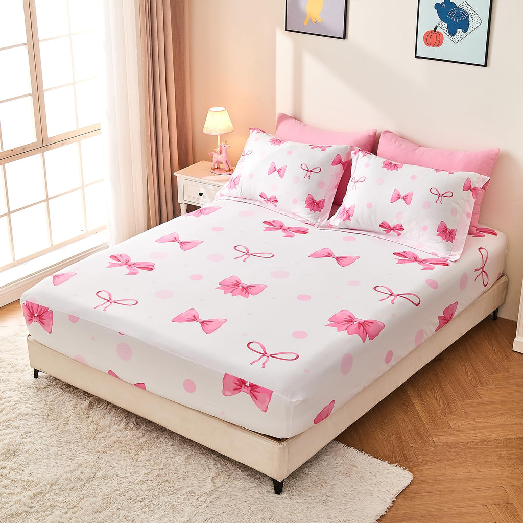 Wajade 7 Piece Blue Bow Comforter Set for Girls Kids Twin Size Bedding Set with Sheet and 2 Pillowcases 2 Pillow Shams Cute Girls Bed in a Bag as Birthday Choice