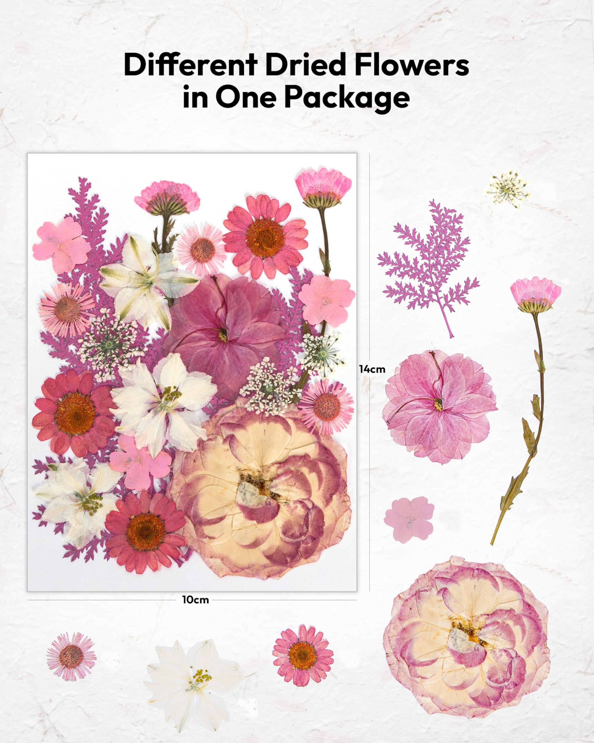 Dried Flowers, Resiners 58Pcs Pressed Flowers for Craft Pink Real Natural Dried Flowers Dry Leaves Kit for DIY Making Crafts Resin Soap Candle Scrapbook Supplies Card Making Jewelry