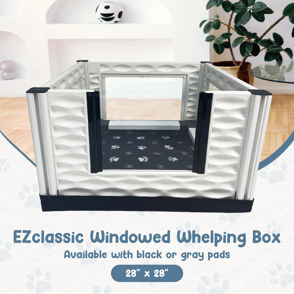 EZwhelp EZclassic Windowed 48"x48"x18" Whelping Box with Rails and Windowed Walls, Padded Dog Whelping Box, Black Pad