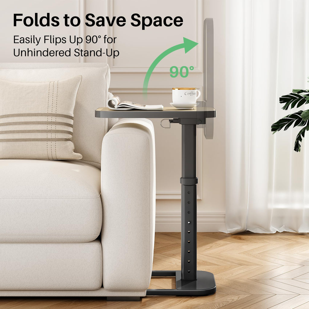 Kitstorack TV Tray Table, Adjustable Height & Rounded Metal Corners, Snack Table for Couch, Sofa, Bed, Chair, Living Room, C Shaped End Side Table for Eating, Dinner or Laptop, Small Spaces, Black