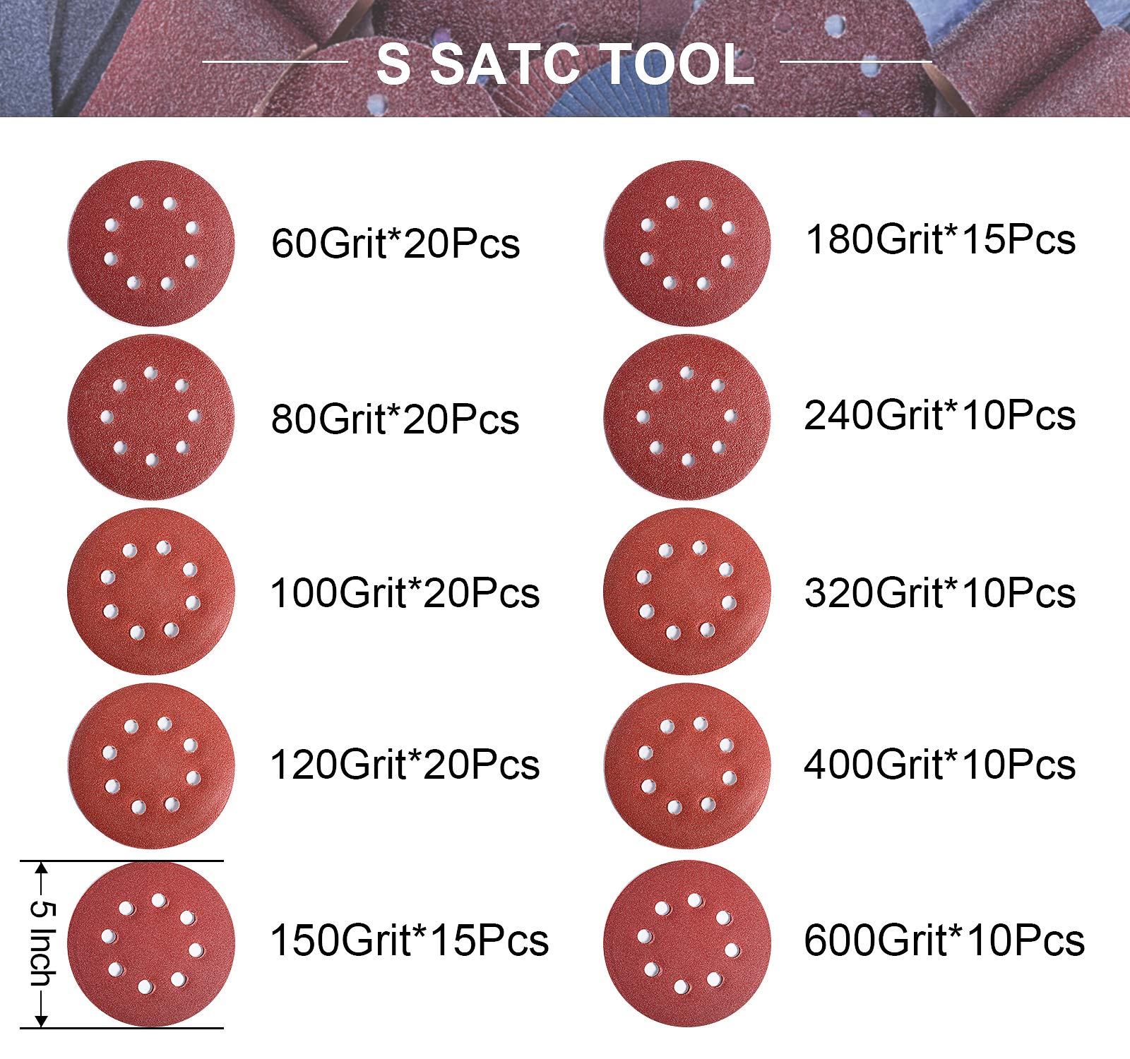 S SATC 72 PCS 5 Inch 8 Hole Hook and Loop Adhesive Sanding Discs Sandpaper for Random Orbital Sander 40 60 80 120 180 240 320 Grits