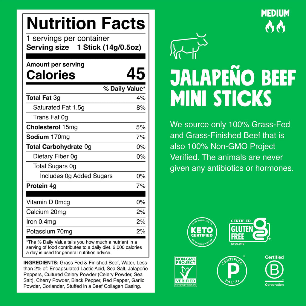 Chomps Snack Size Grass-Fed and Finished Jalapeño Beef Jerky Snack Sticks 0.5oz 24-Pack - Keto, Paleo, Whole30, 4g Lean Meat Protein, Gluten-Free, Zero Sugar Food, Non-GMO Chomplings