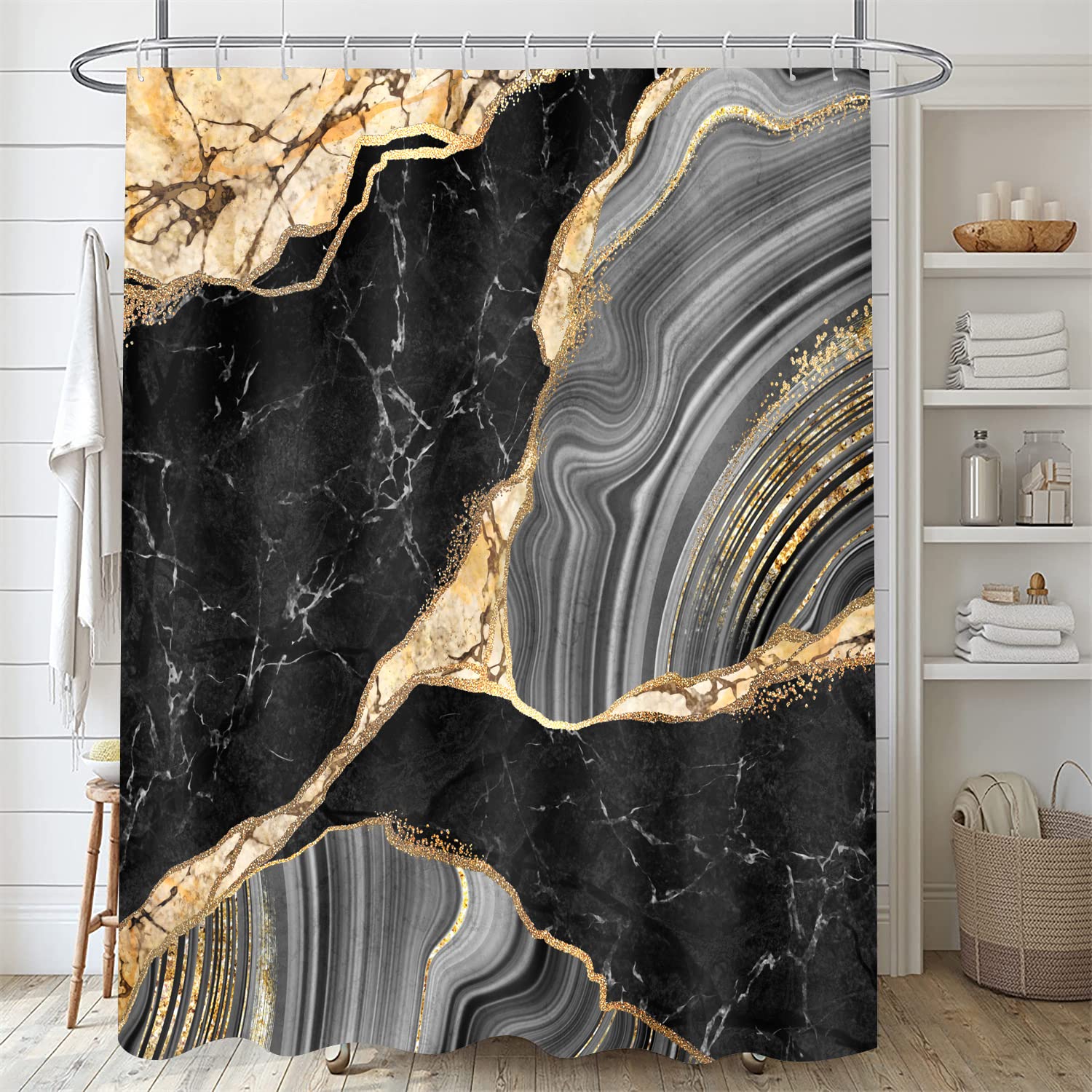 Nkzply 4 Pcs Black Marble Shower Curtain Sets with Rugs Gold Bathroom Sets with Shower Curtain and Rugs Modern Abstract Bathroom Decor Accessories Shower Curtains for Bathroom Toilet Lid Cover