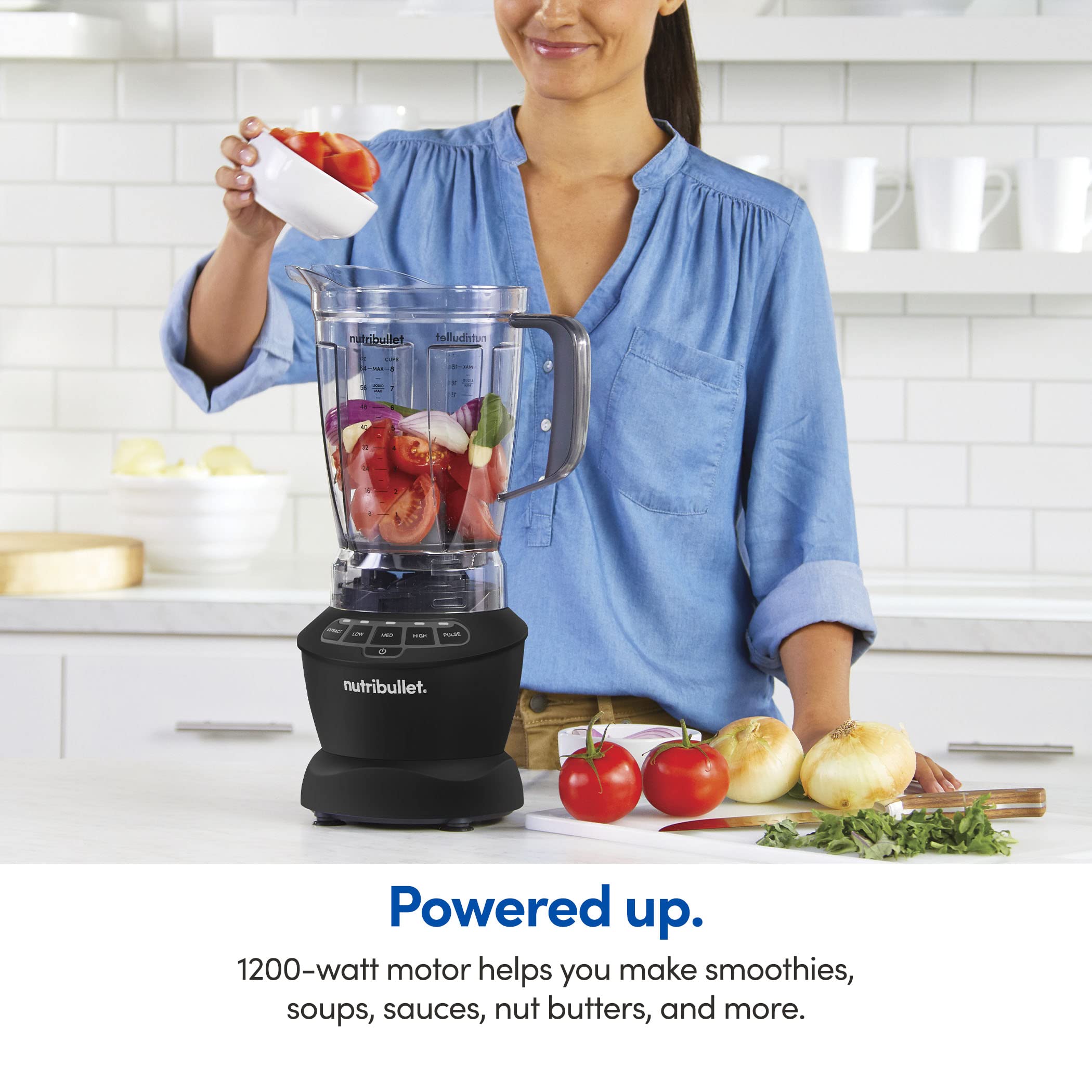 nutribullet Full-Size Blender Combo, Single-Serve & Large Capacity, 1200W, 64oz Pitcher, 32oz Cup, Extractor Blade, 3-Speed, Pulse, Smoothies, Soups, Sauces, Easy Cleaning, Matte Black, NBF50500AK