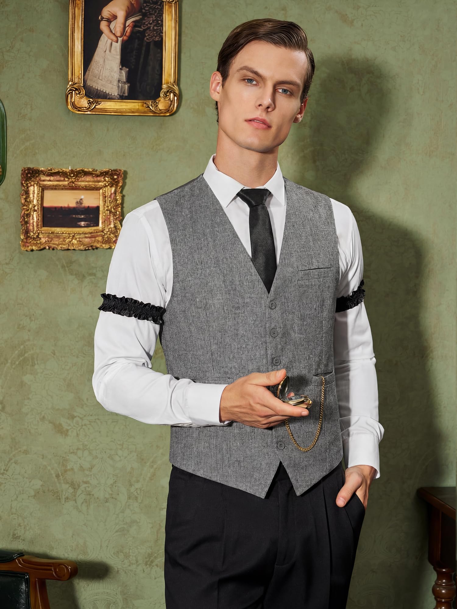 YESSA 1920s Mens Costume,Roaring 20s Costumes for Men,Gatsby Costume Men,1920s Mens Outfit Hat Vest Pocket Watch Tie