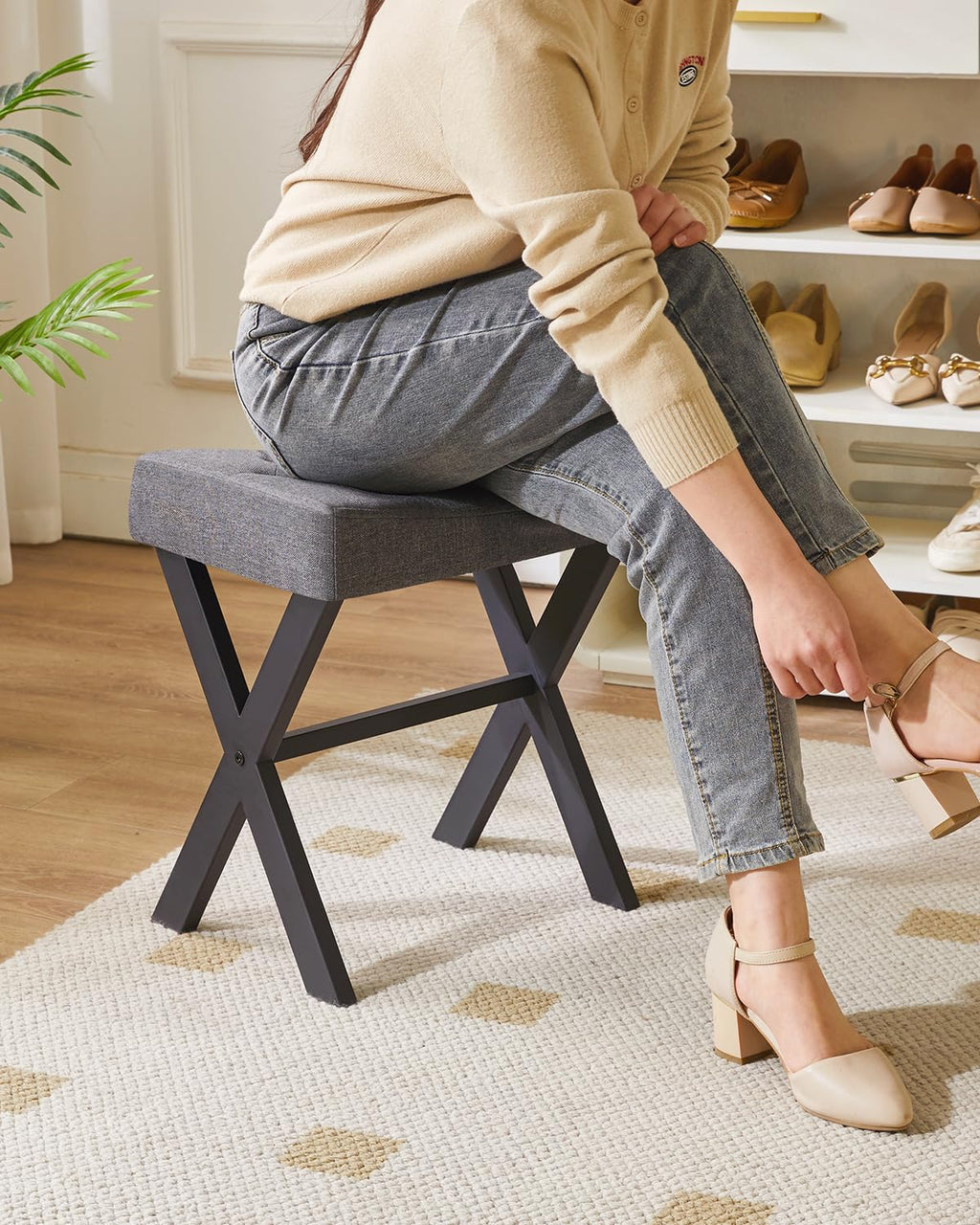 IBUYKE U-Shaped PU Vanity Stool, Square Makeup Chair with X-Leg, Ottoman Seat Footrest Stool, Multi-Use as Small Side Table, for Bedroom, Living Room, Black WBD019B