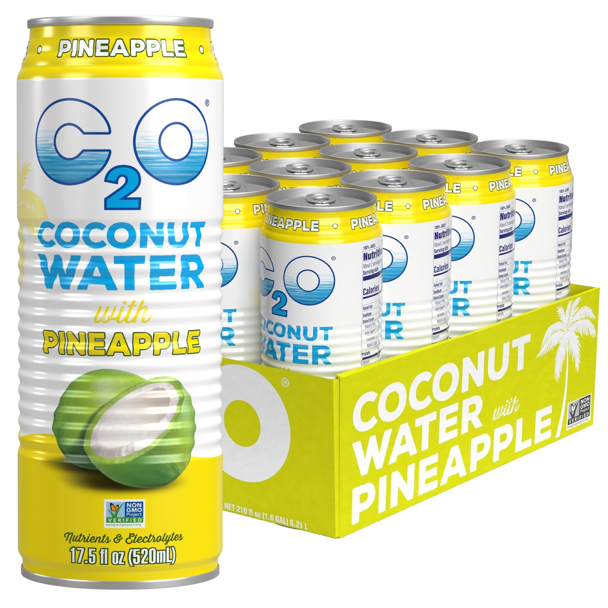 C2O - Coconut Water with Ginger, Lime, & Turmeric (12 Pack) - Made with Fresh Coconut Water - Plant Based - Non GMO - Canned Water - Natural Hydration, Electrolytes, & Potassium - 12 Cans, 17.5 FL OZ