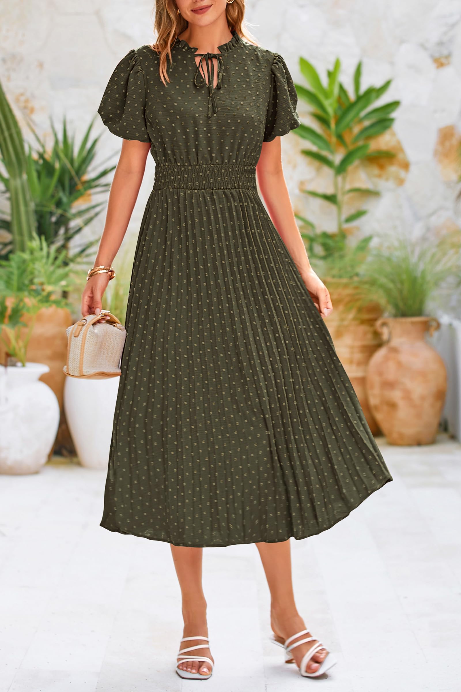 PRETTYGARDEN Womens Summer Midi Dresses Puff Short Sleeve V Neck Swiss Dot Pleated A Line Flowy Long Wedding Guest Dress
