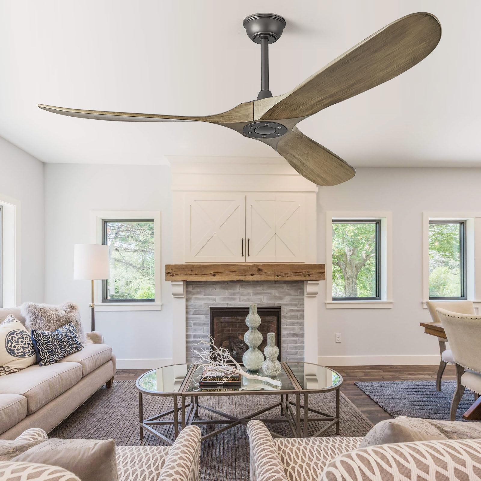 ABZ Ceiling Fans without Lights - 52 Inch Modern Ceiling Fans no Lights with Remote Control, Black 3 Blade Solid Wood Indoor Outdoor Ceiling Fans for Patios Living Room Bedroom