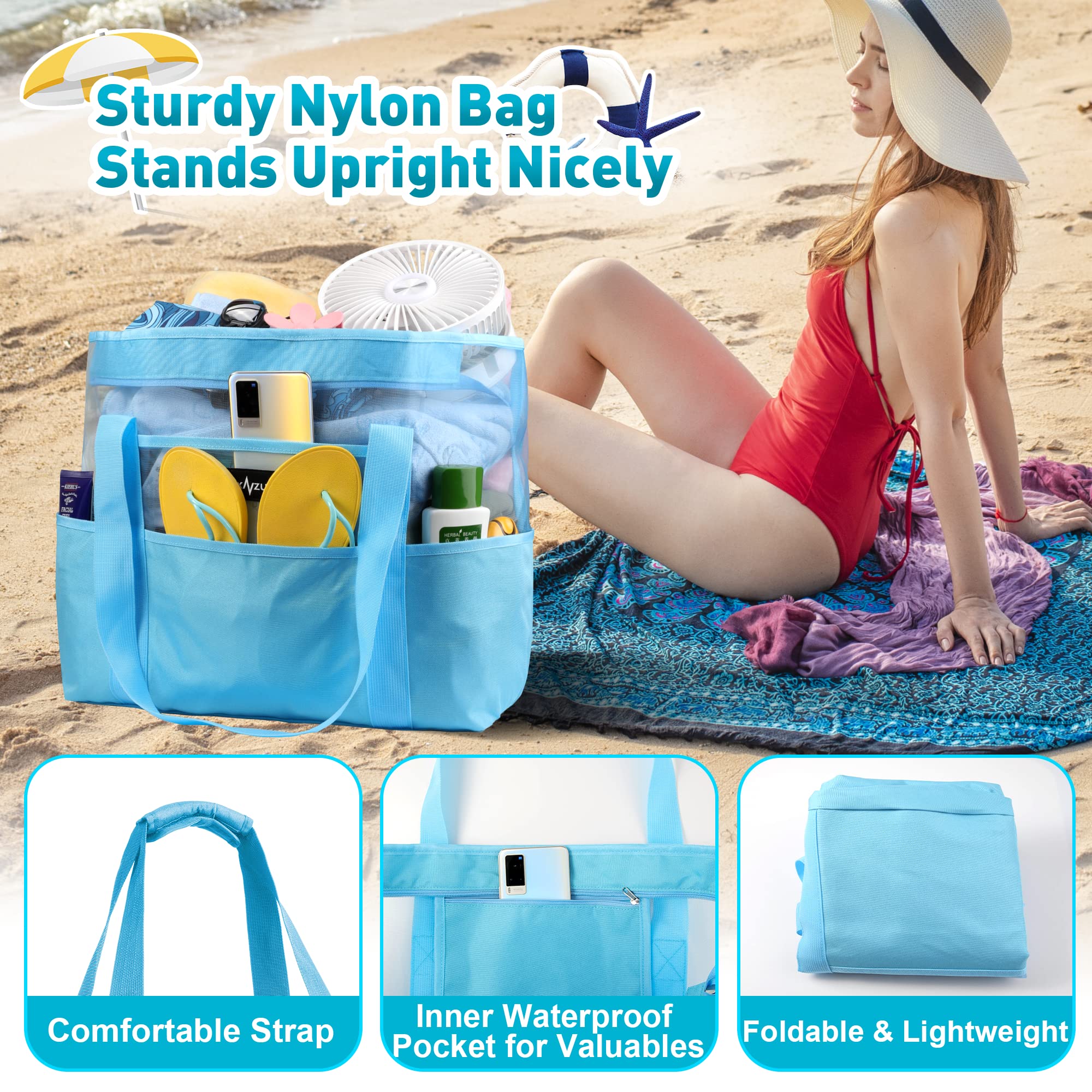 Mesh Beach Bag - Large Waterproof Beach Tote Bag with Zipper, Oversized Foldable Lightweight Family Swim Bag Vacation