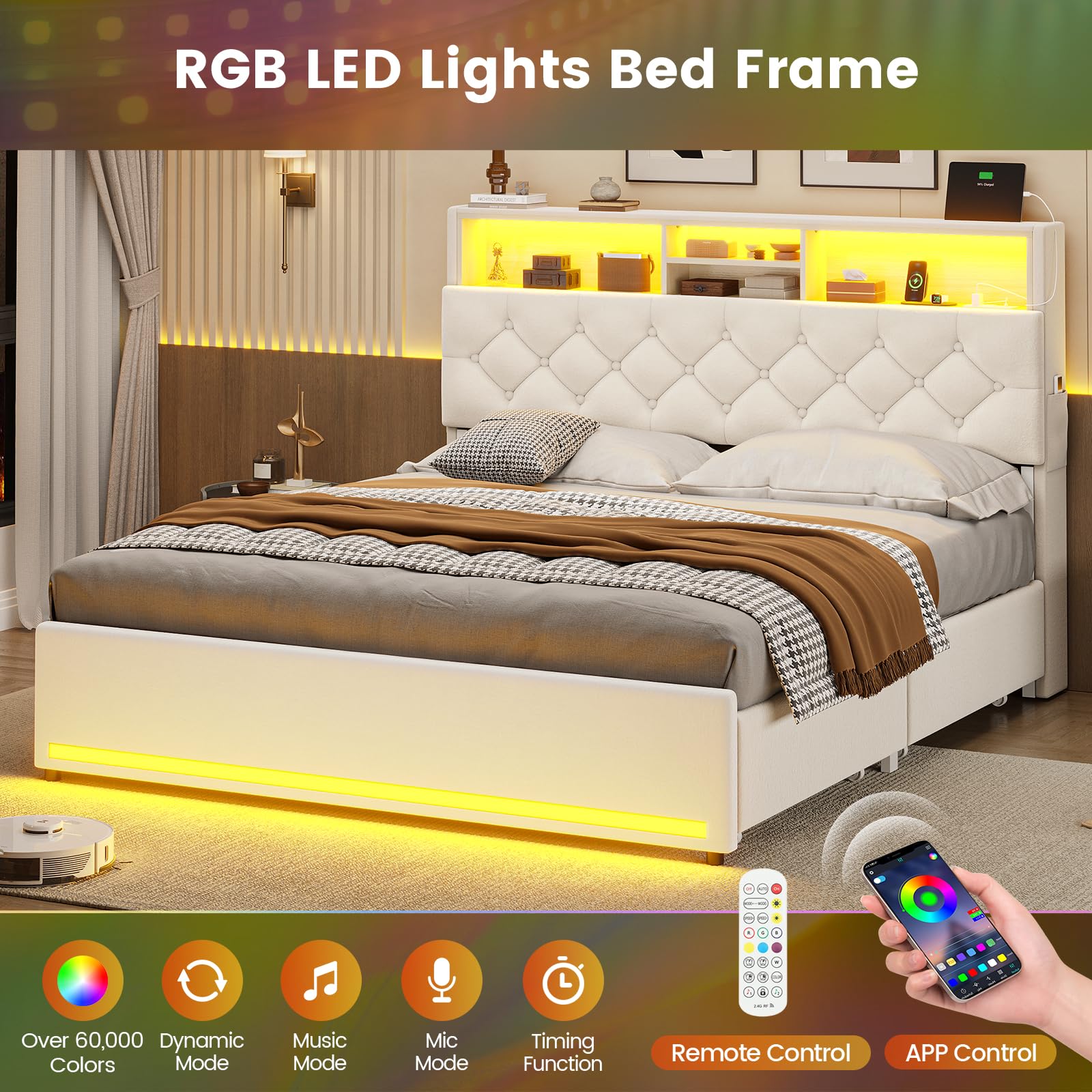 BTHFST Twin Bed Frames with Headboard & 4 Drawers, LED Bed Frame Twin with Charging Station, Upholstered and Metal Twin Bed with Storage, No Box Spring Needed, Black PU