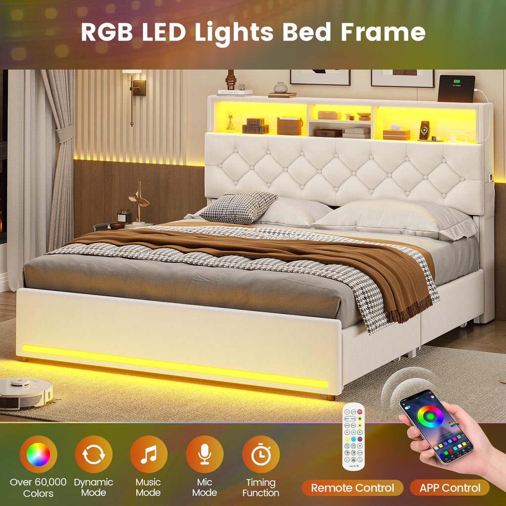 BTHFST Twin Bed Frames with Headboard & 4 Drawers, LED Bed Frame Twin with Charging Station, Upholstered and Metal Twin Bed with Storage, No Box Spring Needed, Black PU