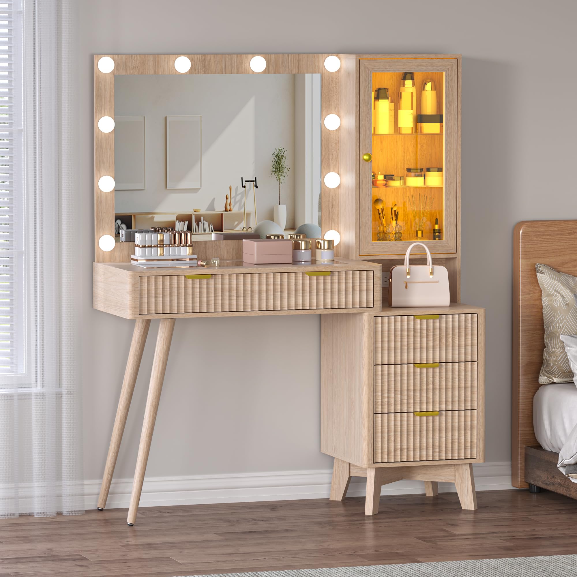BORNOON 45” Fluted Makeup Vanity Desk with Mirror and Lights, Glass Top Dressing Table with 5 Drawers, LED Lighted Adjustable Cabinet, Trays & Charging Station for Bedroom Dressing Room