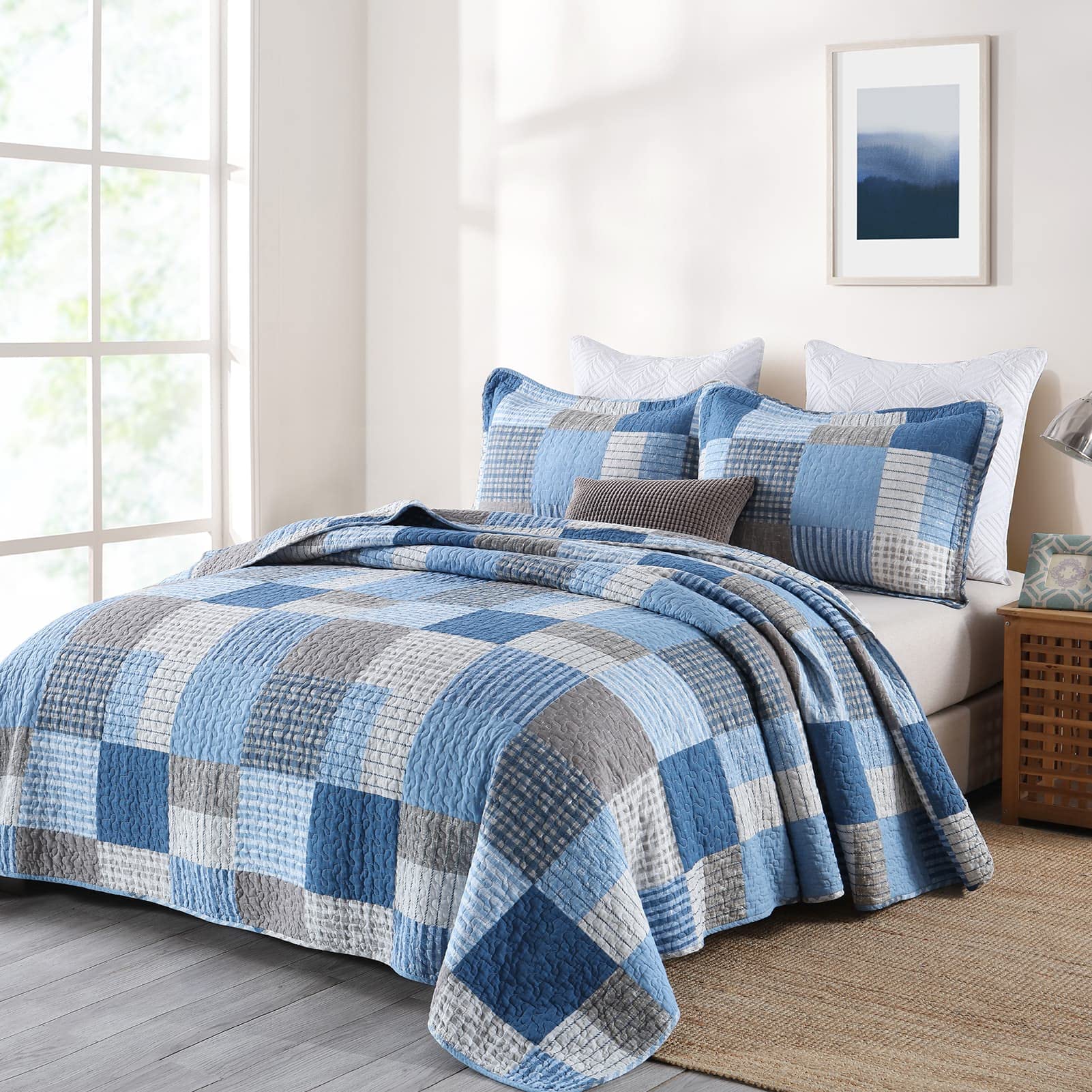 Y-PLWOMEN 100% Cotton Farmhouse Plaid Lightweight 3-Pieces Quilt Set (Blue Brown, Queen90 * 98 Inch)