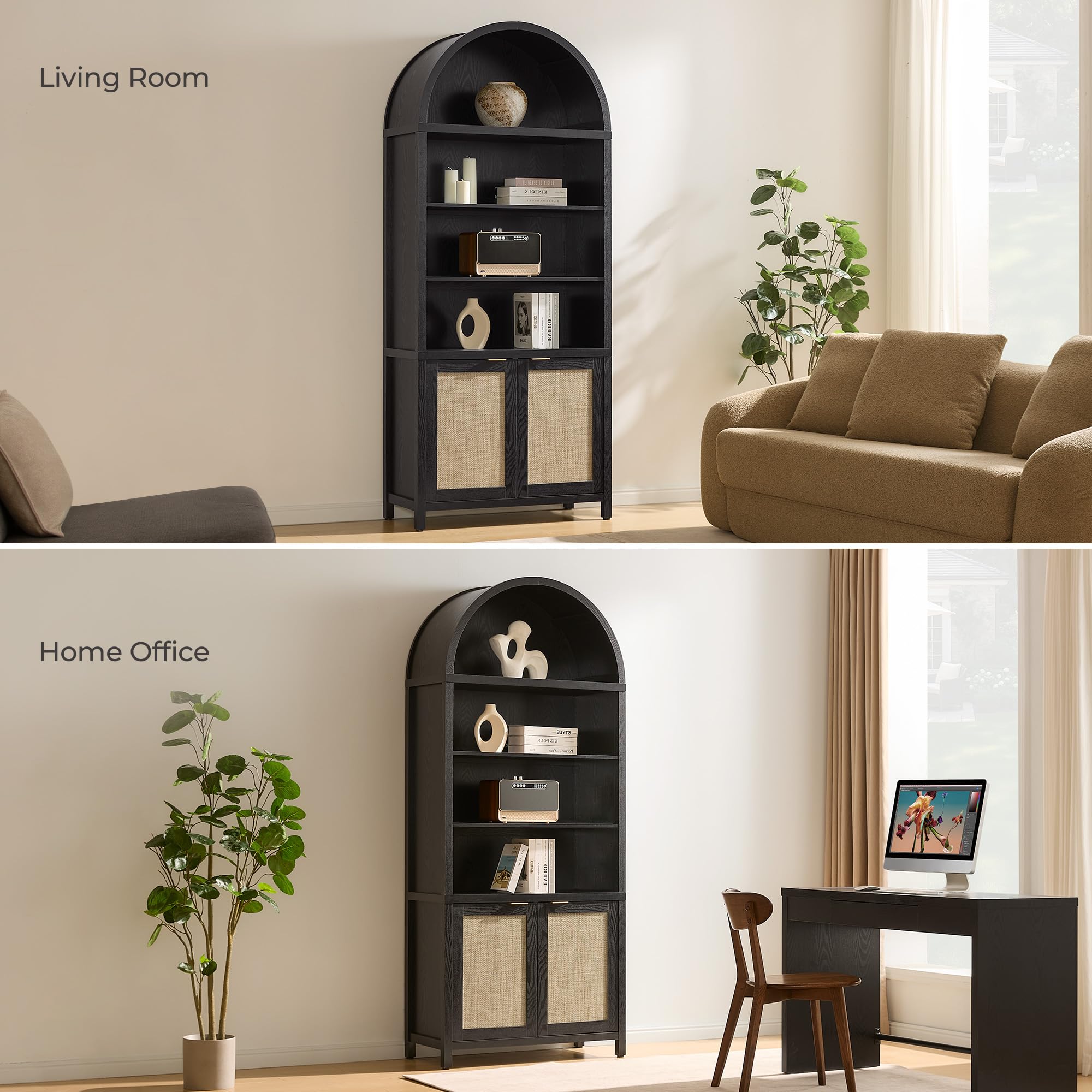 SICOTAS Book Shelf Arched Cabinet Bookshelf Arch 84.2" Tall Bookcase 5 Tier Large Bookshelves with Doors Storage Rattan Boho Wide Book Shelves Case for Living Room Kitchen Office Bedroom Library
