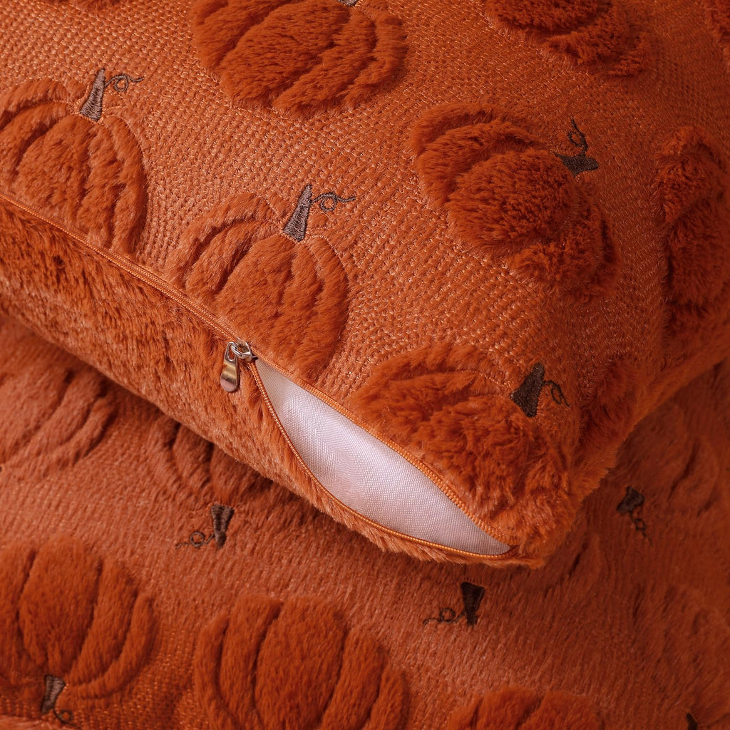 Fall Beige Pillow Covers 18x18 Set of 2 Double-Sided Pumpkin Plush | Boho farmhouse comfort with raised Autumn pumpkin embroidery, designed for living rooms, sofas, and cozy fall home decor.