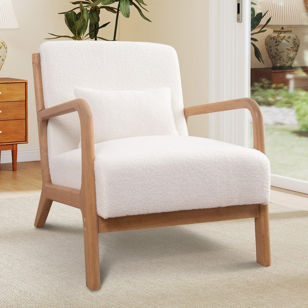 ANJ Mid Century Modern Accent Chair, Comfy Fabric Living Room Chairs with Solid Wood Frame, Lounge Reading Armchair, Easy Assembly, Beige